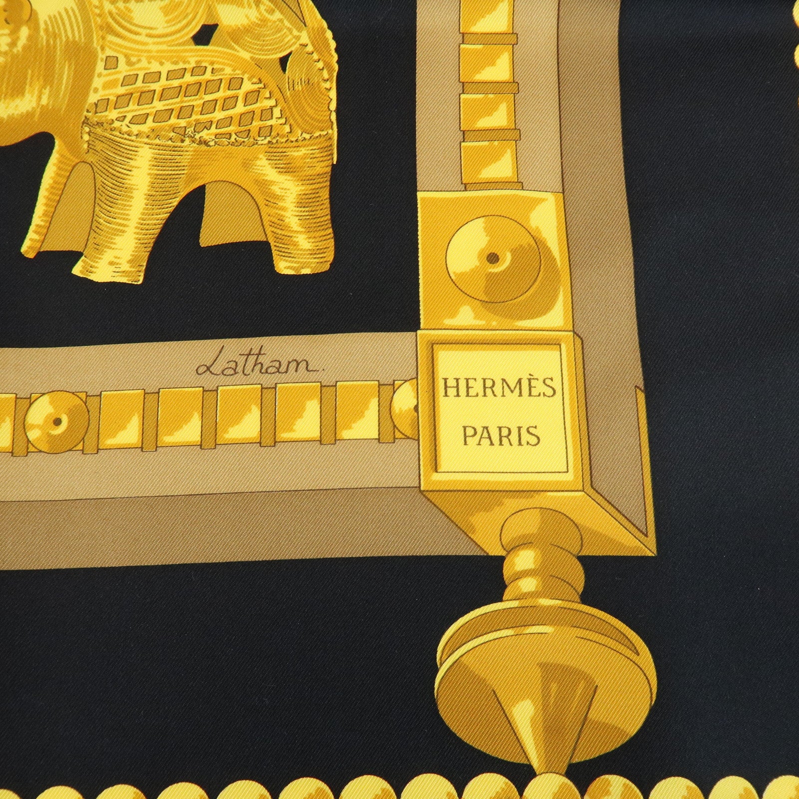 HERMES Carre 90 Silk 100% Scarf CUILLERS D'AFRIQUE Black Gold