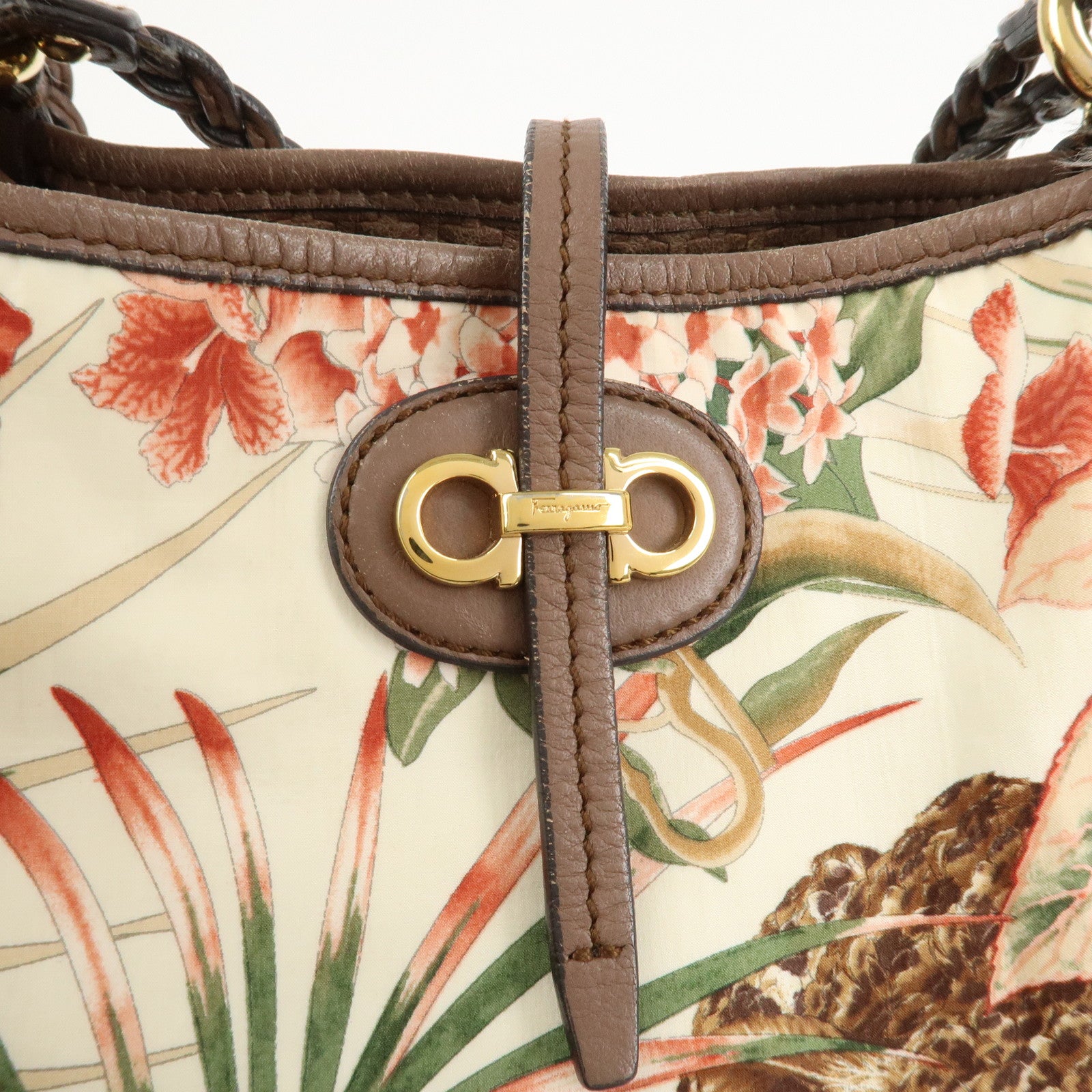 Ferragamo Gancini Leather Nylon Tote Bag Ivory Multicolor