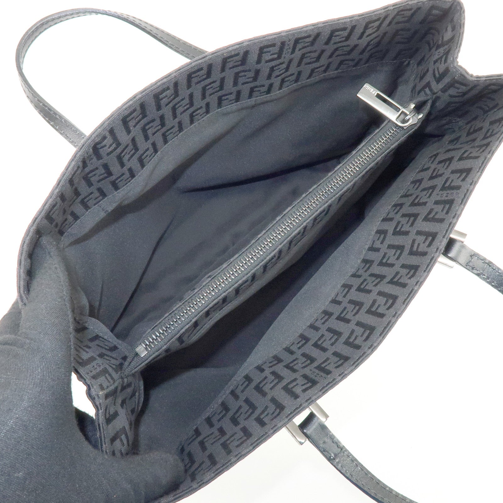 FENDI Zucchino Canvas Leather Tote Bag Shoulder Bag Black 8BH073