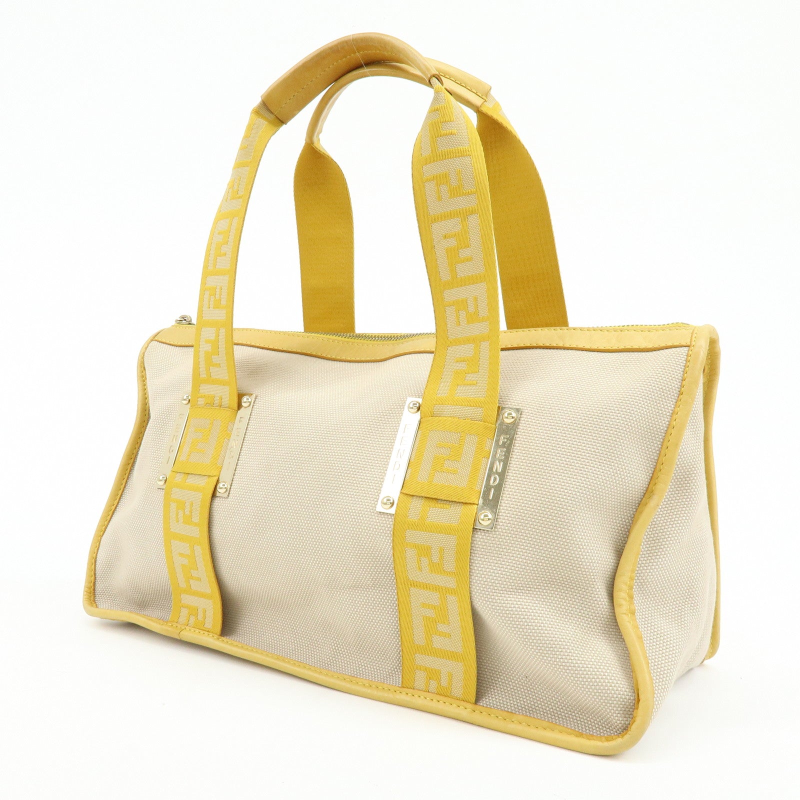FENDI Zucca Canvas Leather Tote Bag Hand Bag Yellow Beige 8BN141MZH