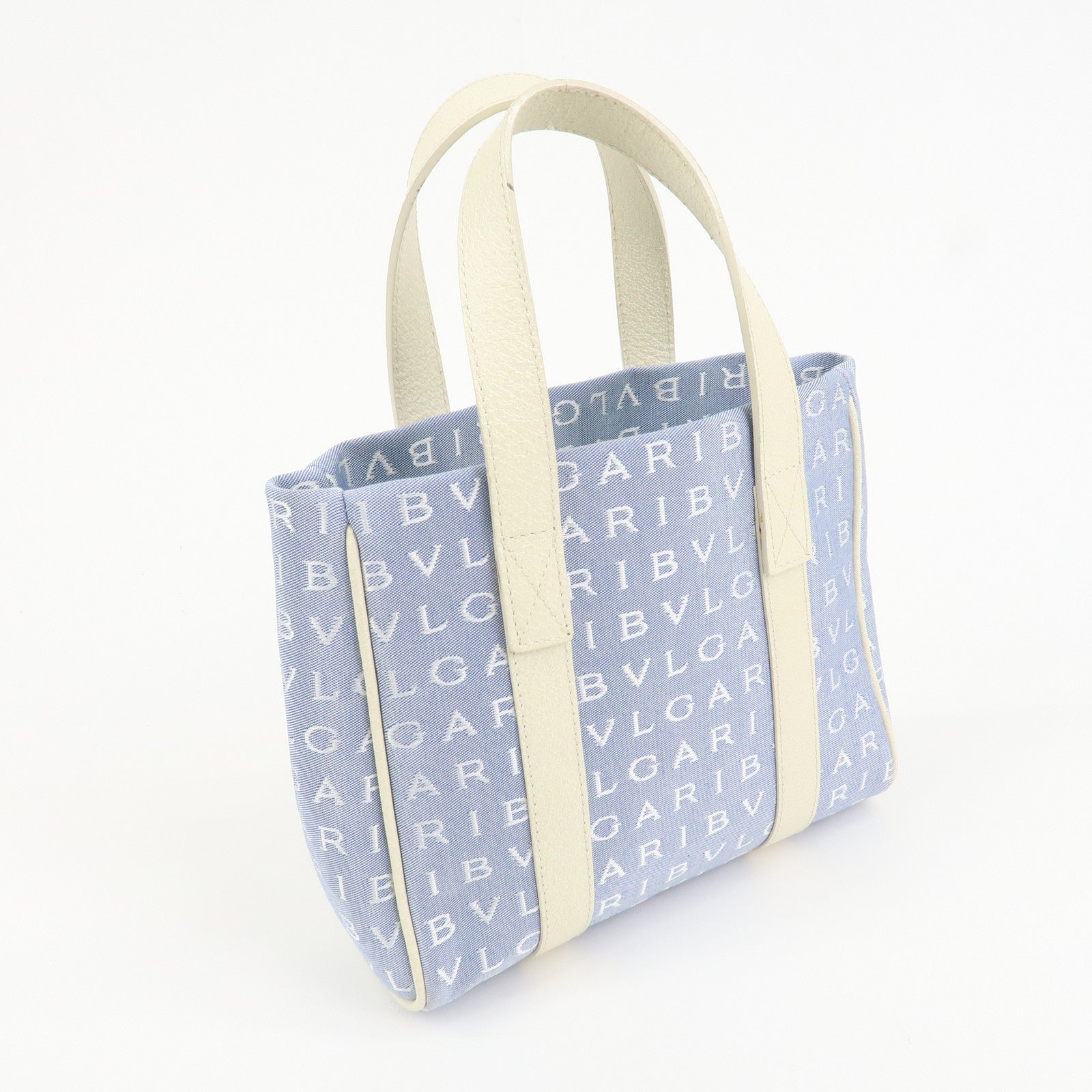 BVLGARI Logo Mania Canvas Leather Tote Bag Hand Bag Light Blue