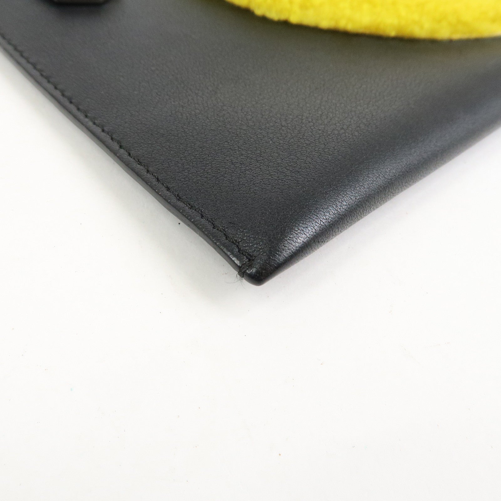 FENDI Leather Wool Apple Motif Clutch Bag Pouch Black 8M0363