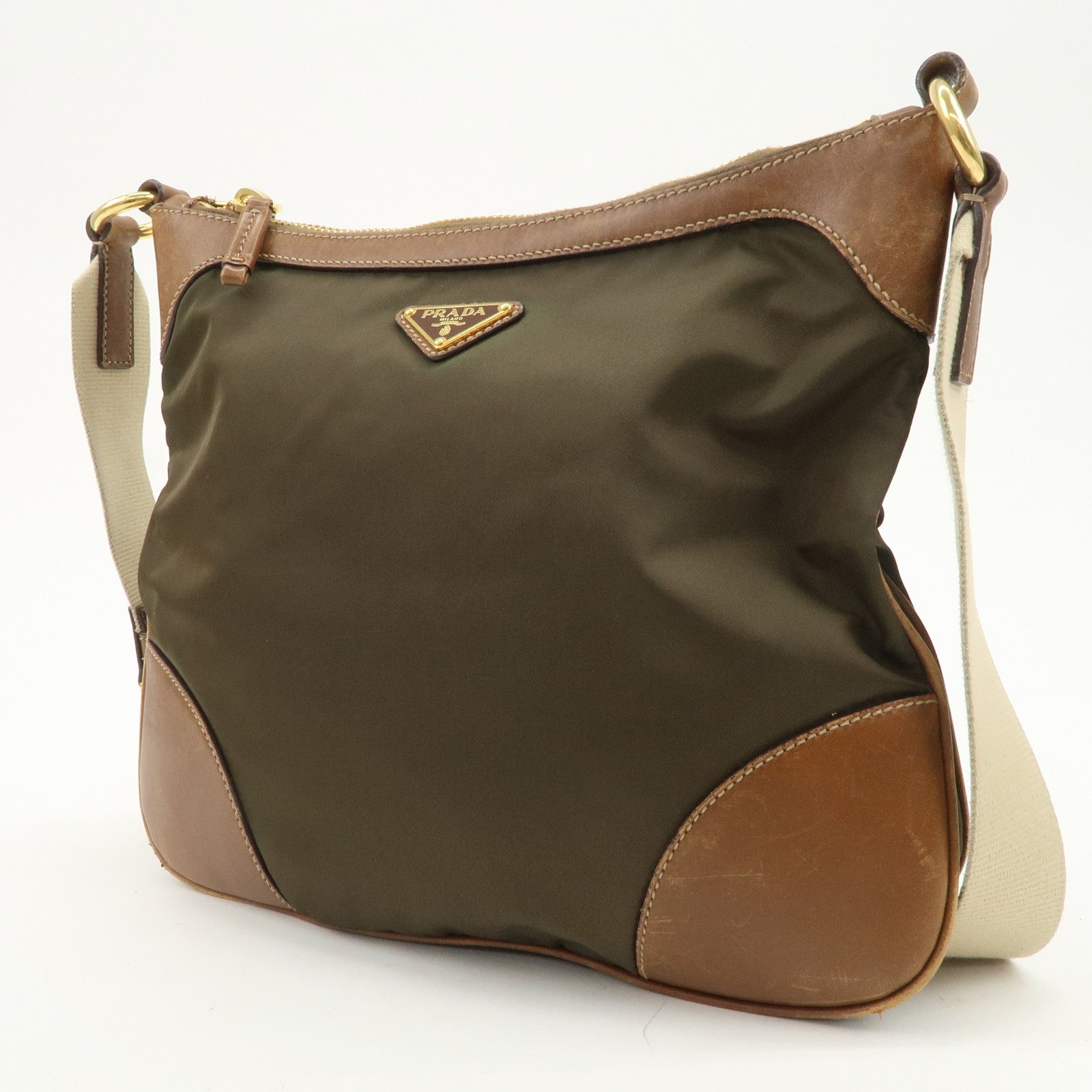PRADA Triangle Logo Nylon Leather Crossbody Shoulder Bag Khaki