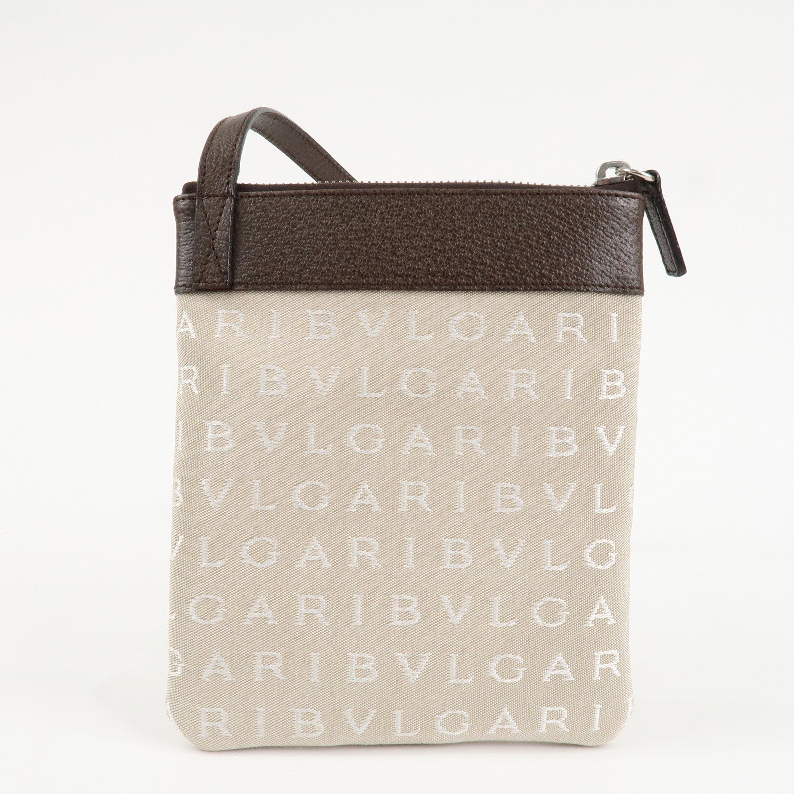 BVLGARI Logo Mania Leather Canvas Shoulder Bag Beige Dark Brown Used