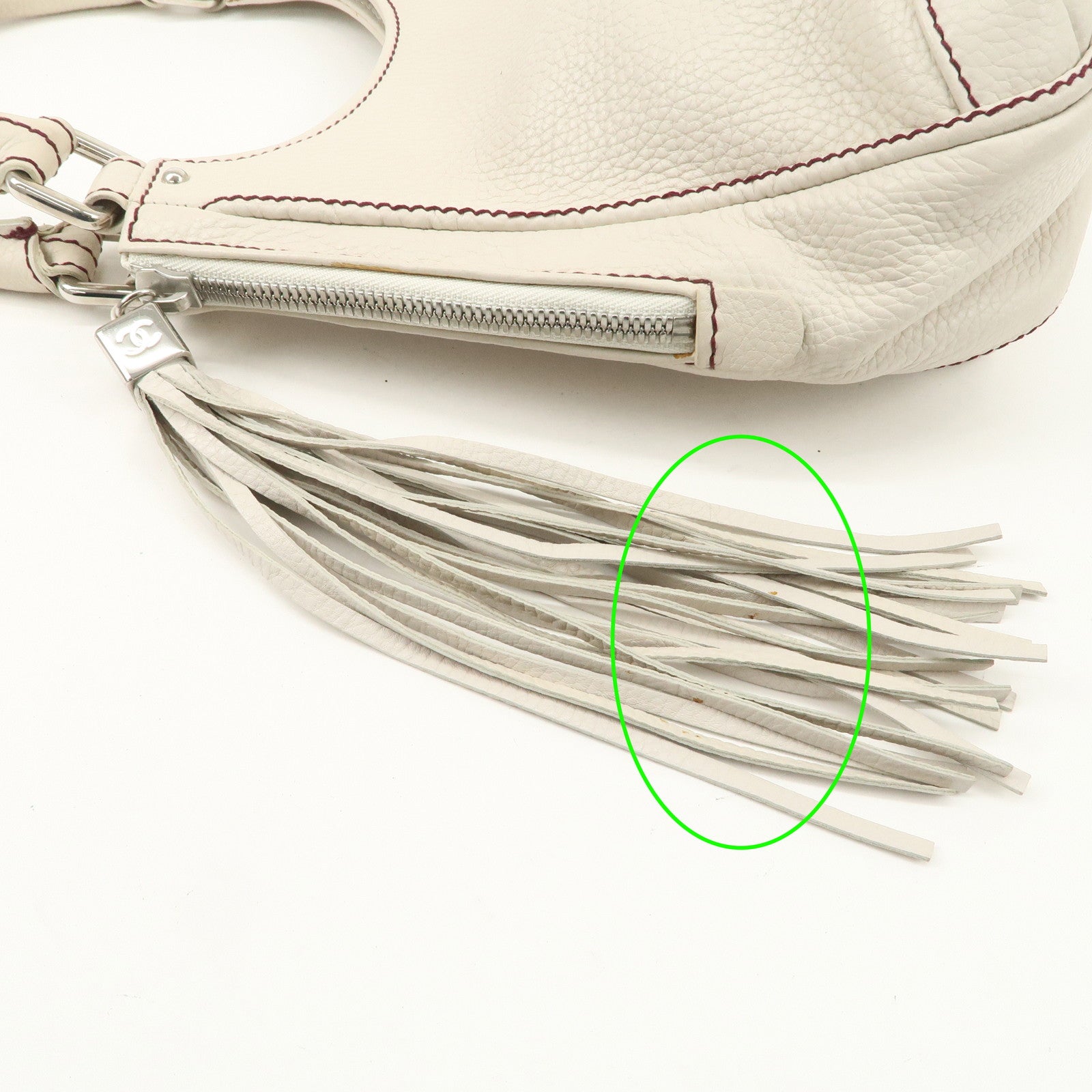 CHANEL Logo Calf Leather Fringe Tassel Shoulder Bag Hand Bag White A23055 Used