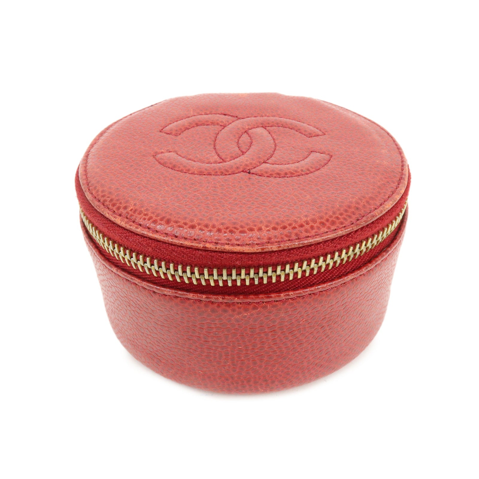 CHANEL COCO Mark Caviarskin Cosmetic Pouch Jewelry Case Red