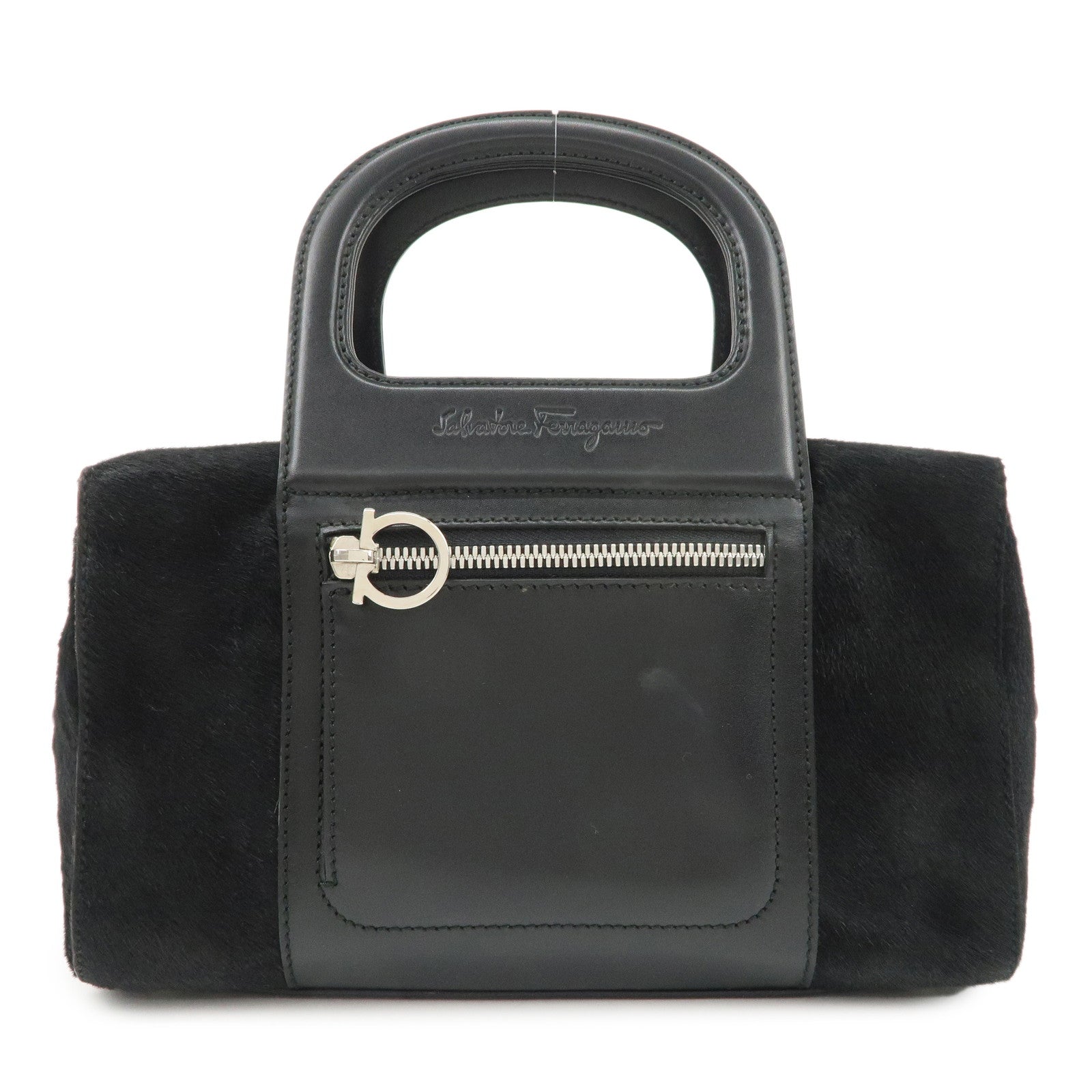 Ferragamo Gancini Leather Unborn Calf Hand Bag Black Used