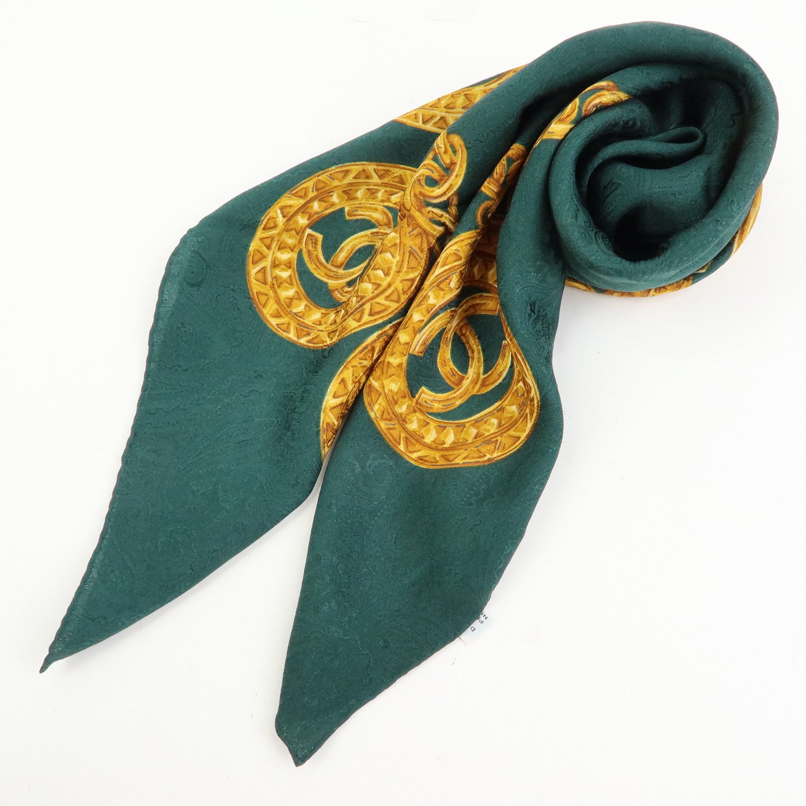CHANEL COCO Mark Silk 100% Scarf Green Gold
