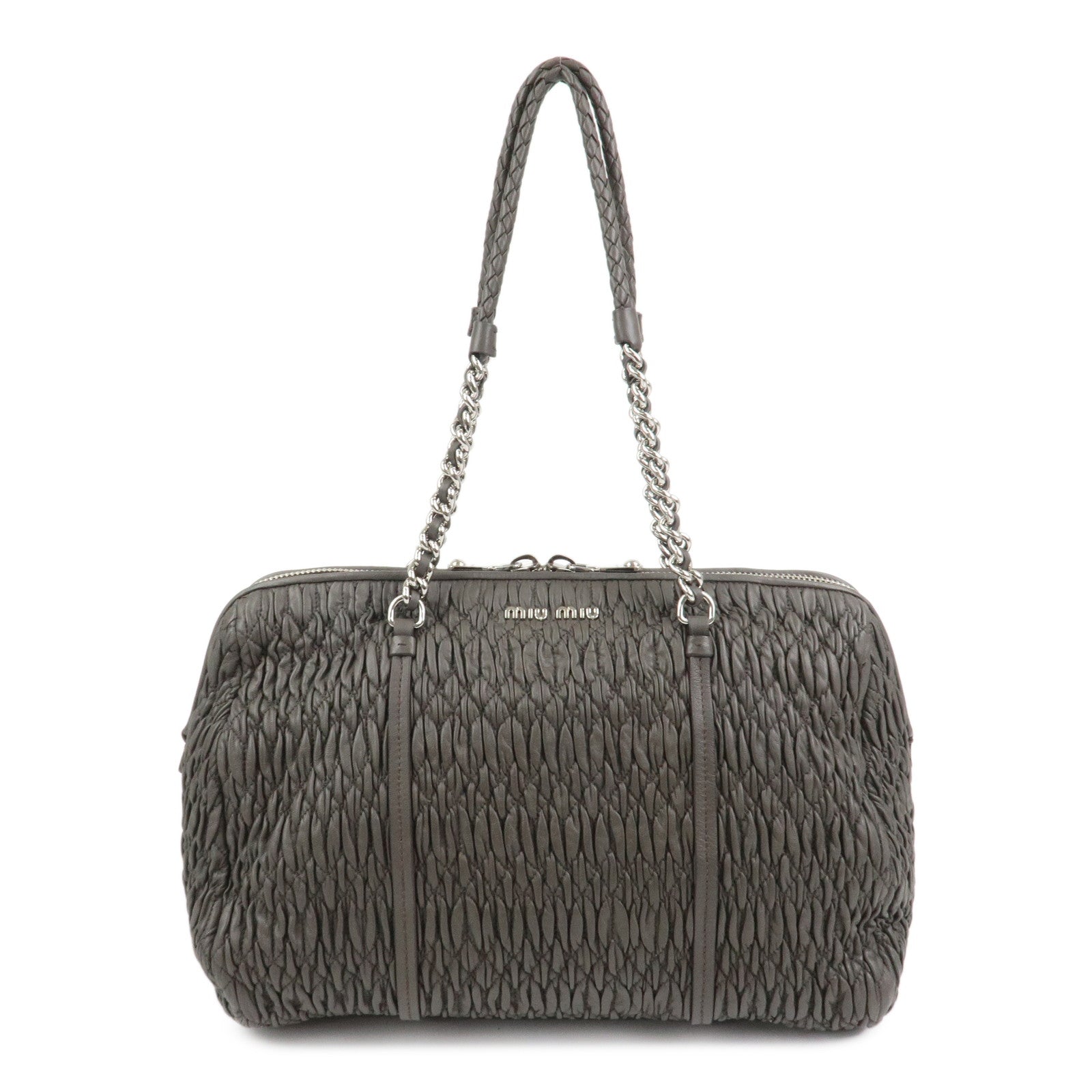 MIUMIU Logo Matelasse Nappa Leather Chain Shoulder Bag Gray