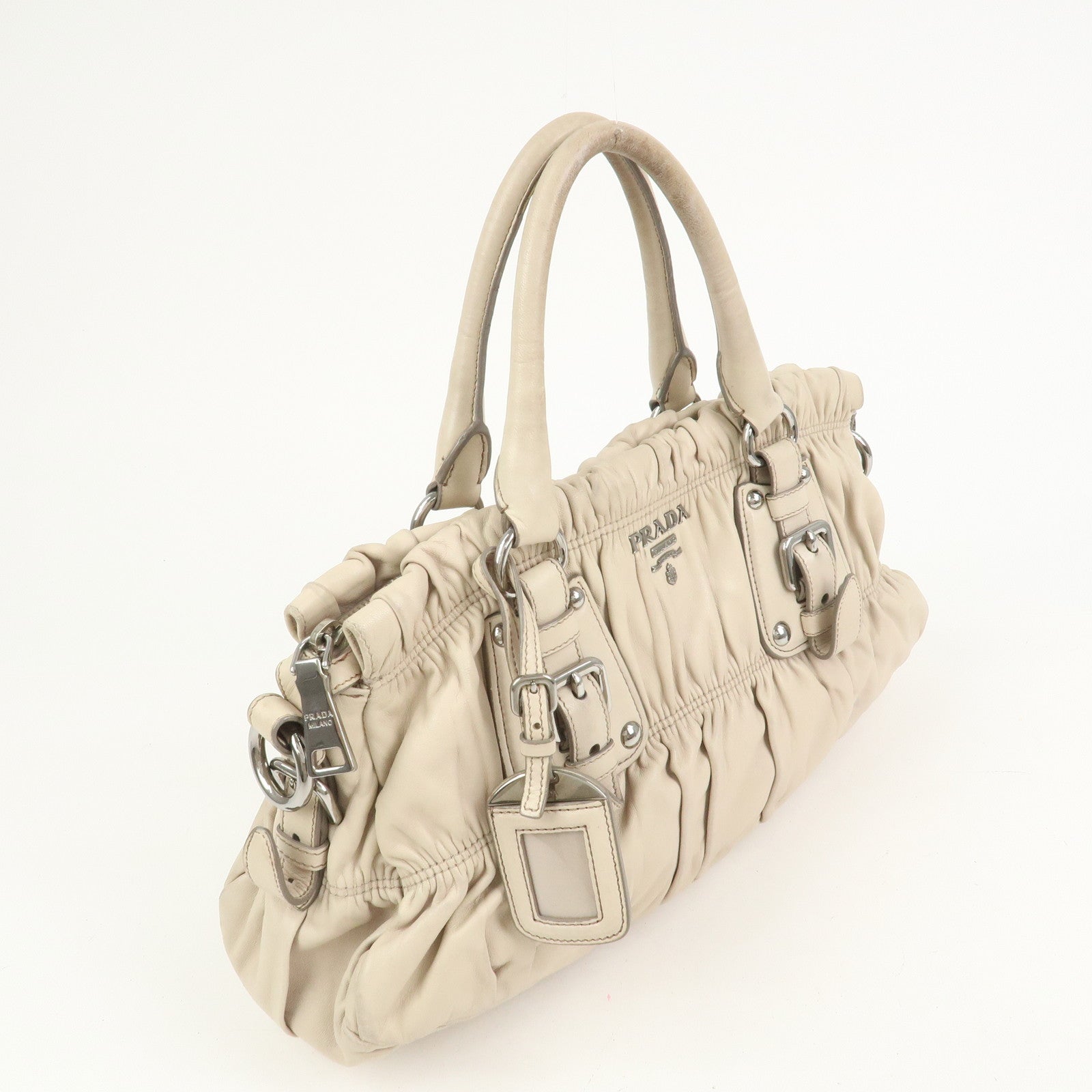PRADA Nappa Leather Gathered 2Way Tote Shoulder Bag Beige BN1407