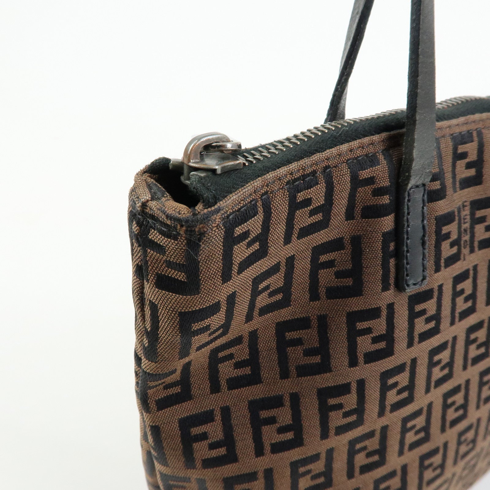 FENDI Zucchino Canvas Leather Tote Shoulder Bag Brown Black 8BH023