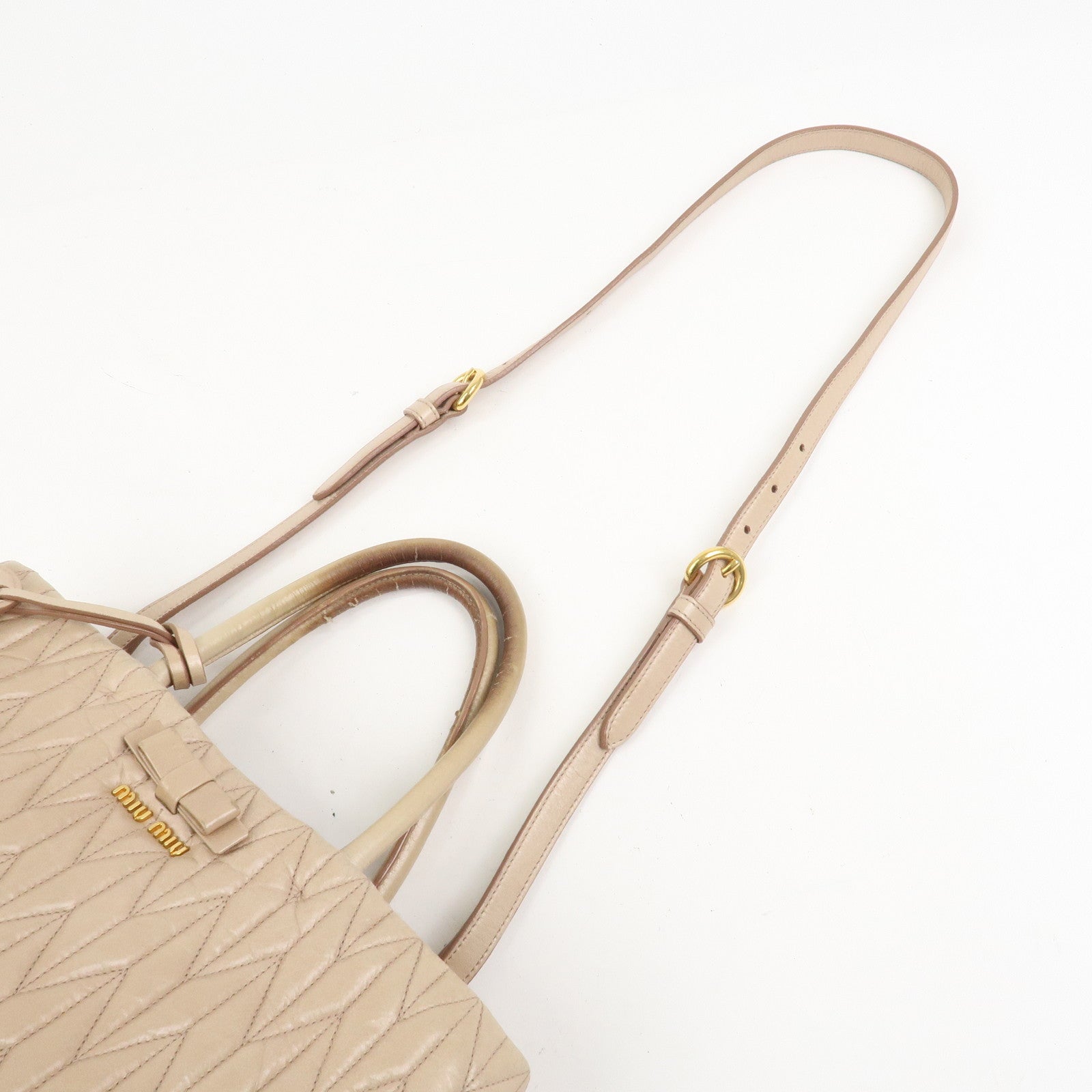 MIU MIU Leather Ribbon 2Way Shoulder Bag Hand Bag Tote Bag Beige RN1096