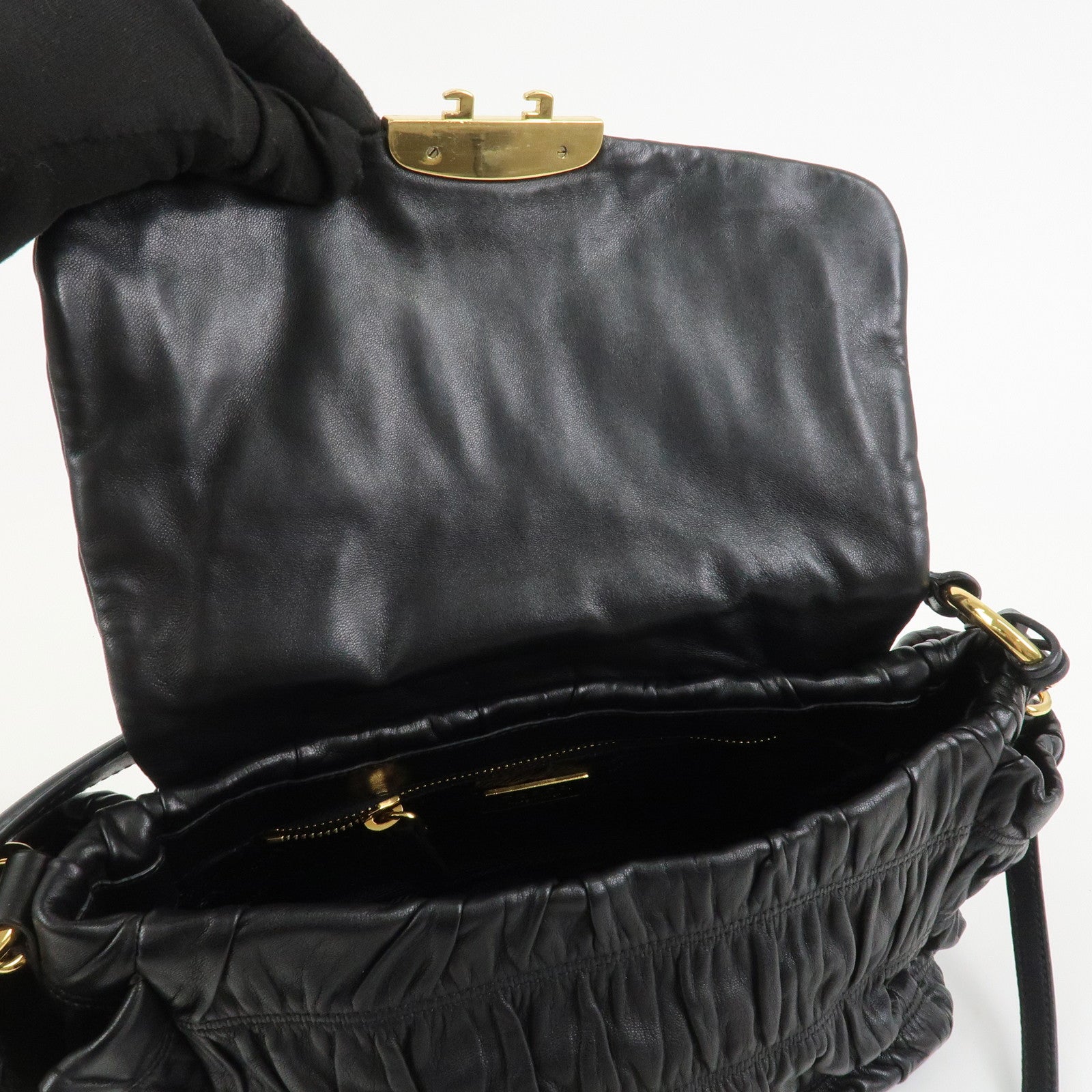 PRADA Logo Gathered Leather 2Way Bag Hand Bag Shoulder Bag Black
