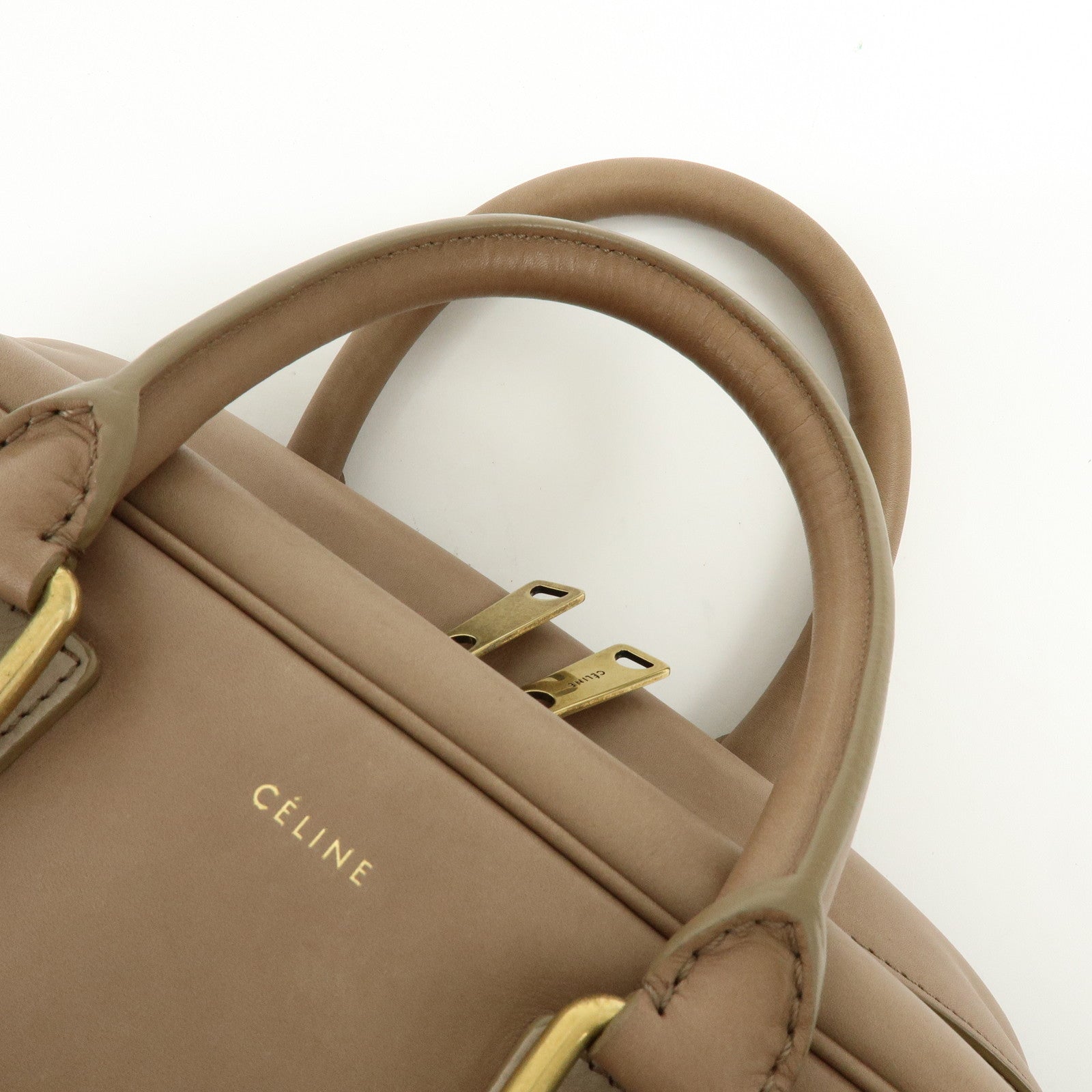 CELINE Leather Suede Hand Bag Boston Bag Beige