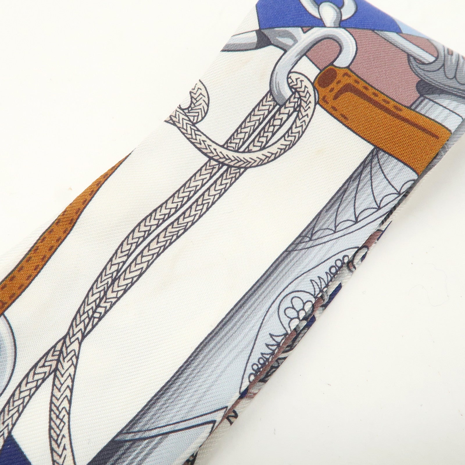 HERMES Silk 100% Twilly Scarf Qliquetis Navy White Blue Gray