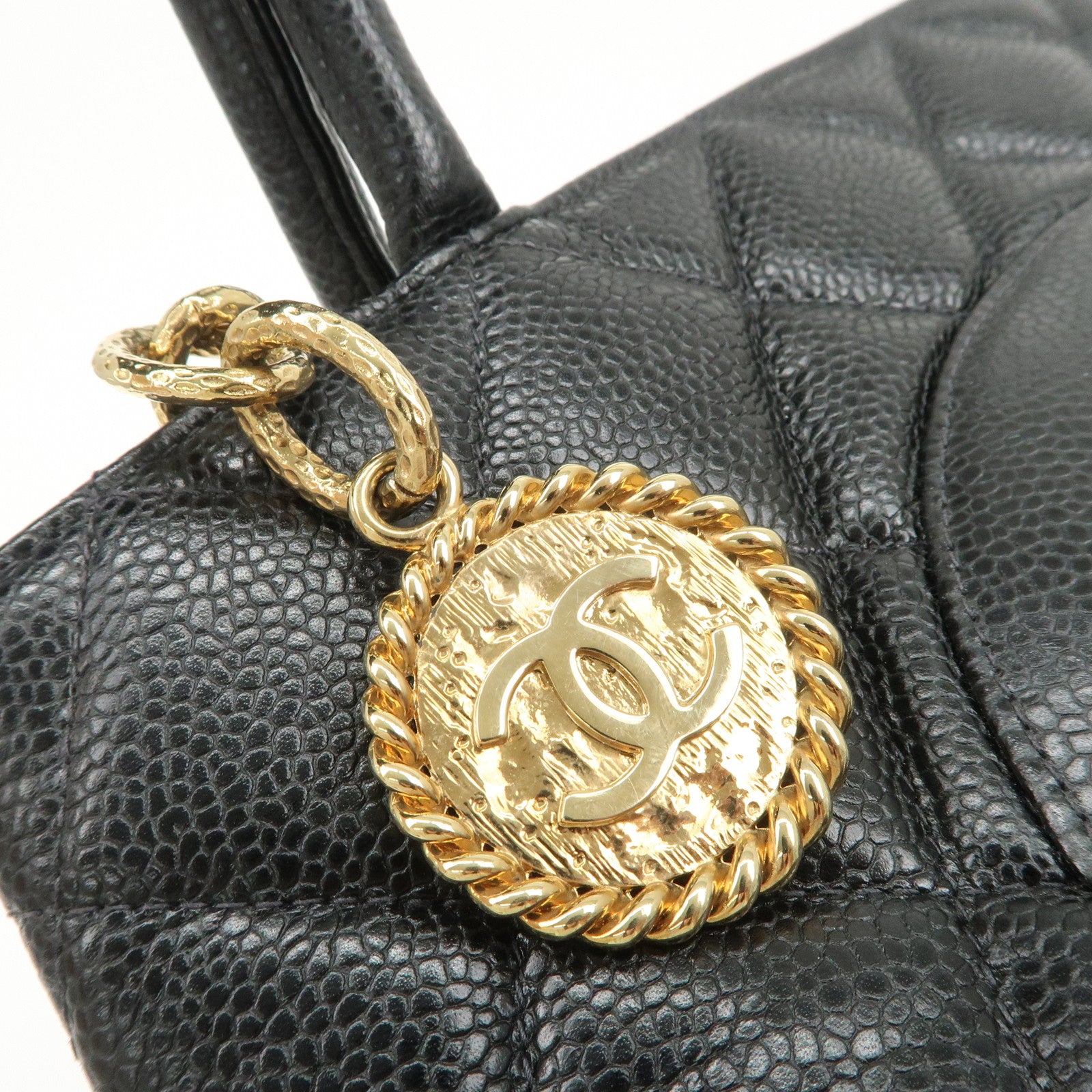 CHANEL Matelasse Caviarskin Medalion Tote Bag Hand Bag Black A01804 Used