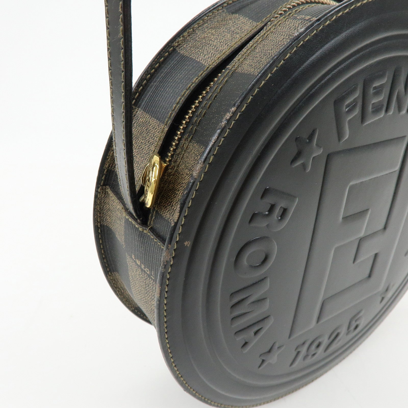 FENDI Leather PVC Round Shoulder Bag Checker Pattern Black Brown