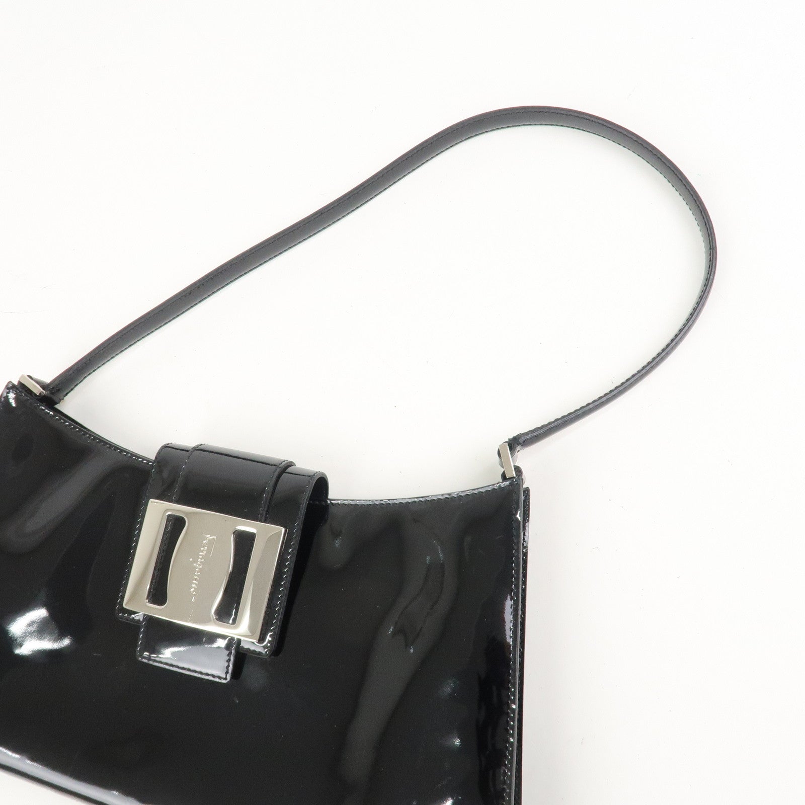 Ferragamo Patent Leather Shoulder Bag Hand Bag Black Silver HDW
