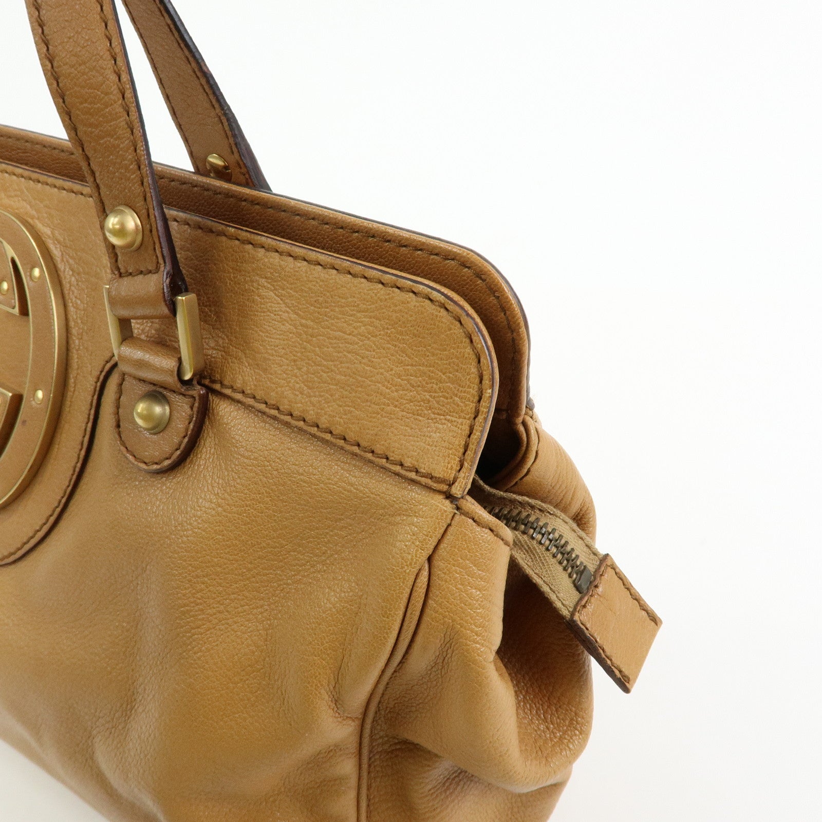 GUCCI Interlocking G Leather Blondie Studs Hand Bag Brown 121551