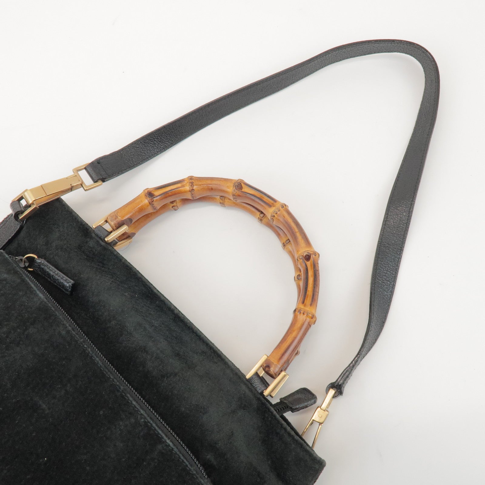 GUCCI Bamboo Suede 2Way Bag Hand Bag Shoulder Bag Black 0022122