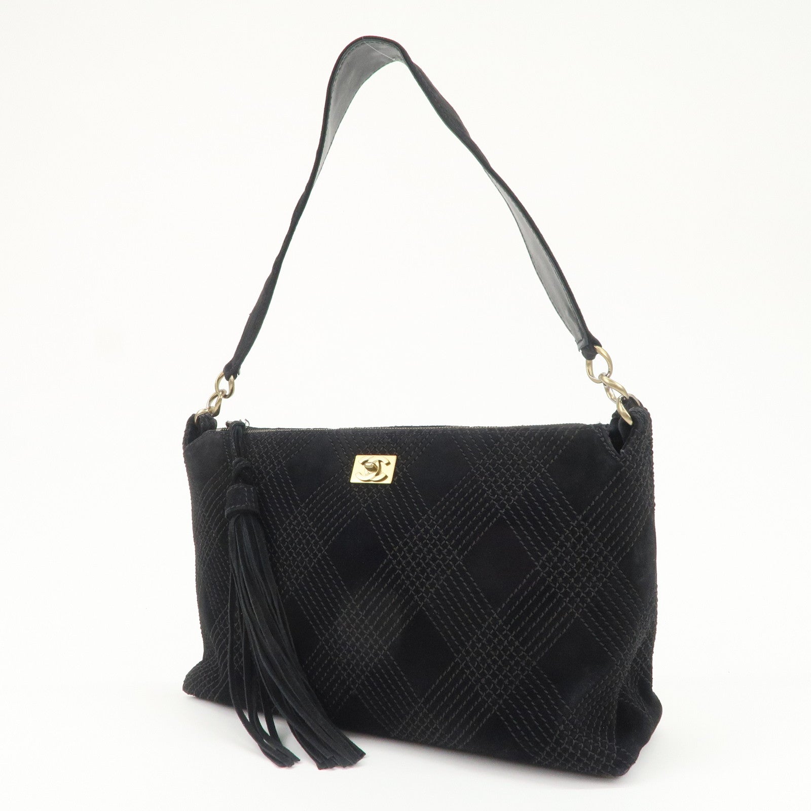 CHANEL Suede Shoulder Bag Hand Bag Tassel Black Used