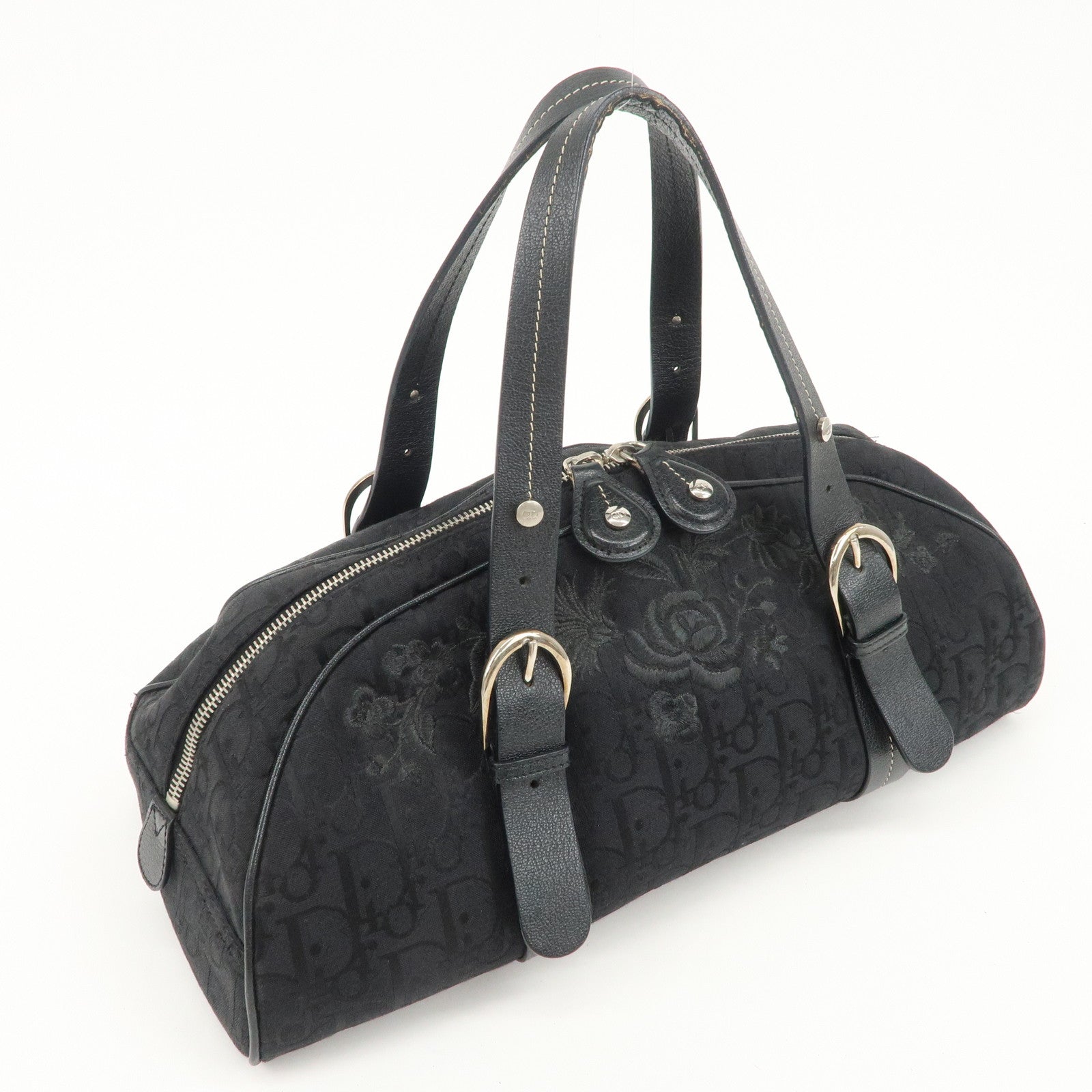 Christian Dior Trotter Leather Canvas Flower Embroidery Boston Bag Used