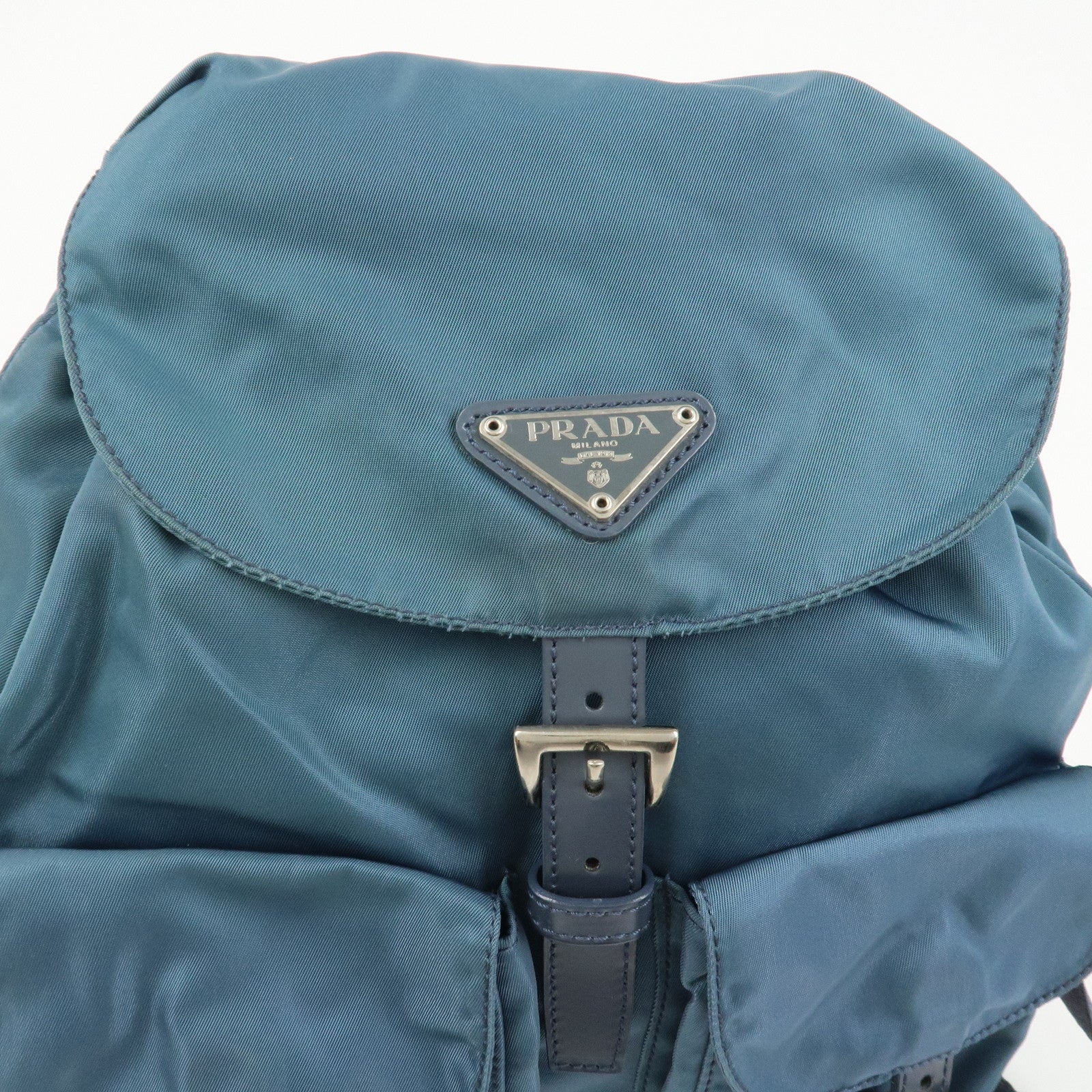 PRADA Triangle Logo Nylon Leather Backpack Rucksack Blue B6677F