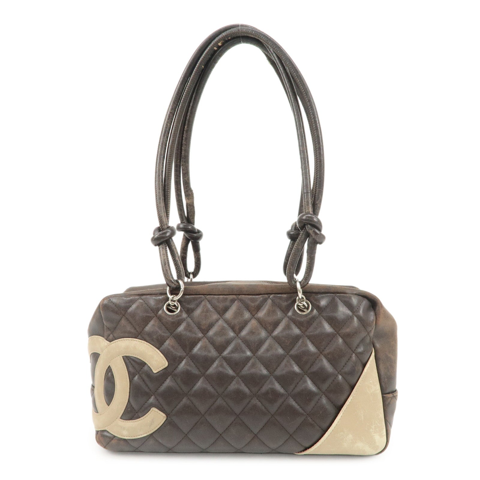 CHANEL Cambon Line Lamb Skin Bowling Bag Hand Bag Brown A25171 Used