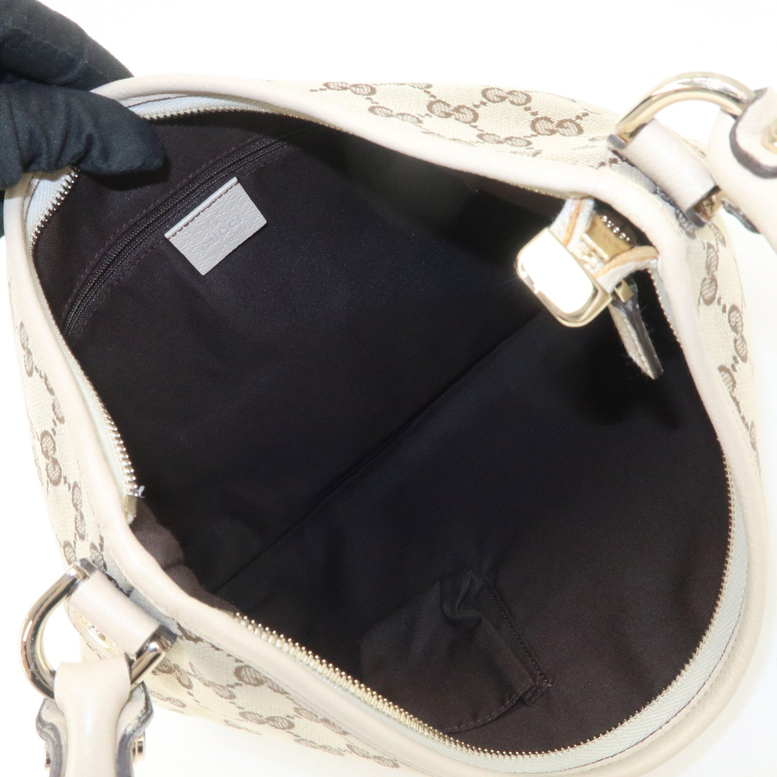 GUCCI Abbey Leather GG Canvas Shoulder Bag Beige Ivory 130737