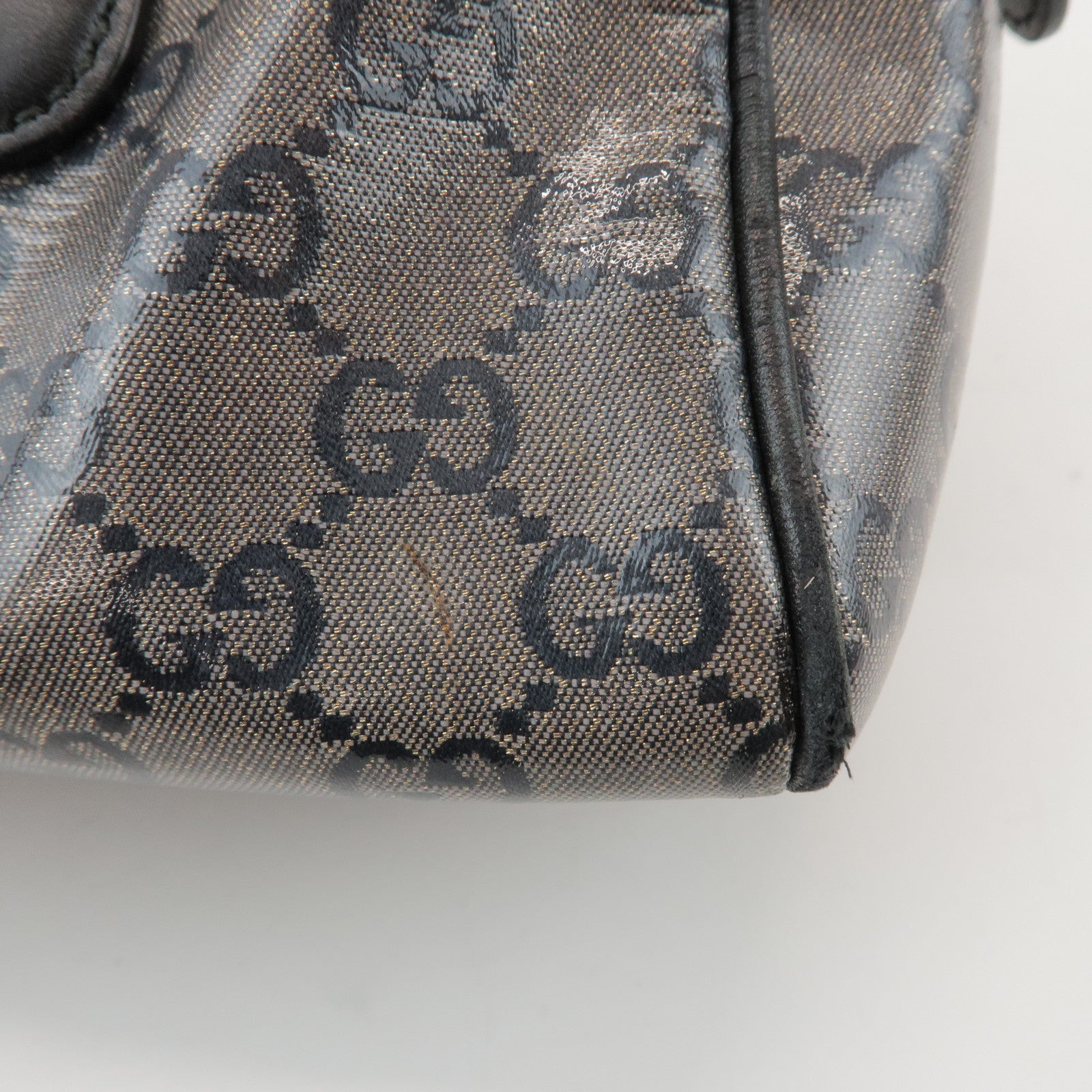 GUCCI GG Crystal Leather Boston Bag Hand Bag Silver Black 257289