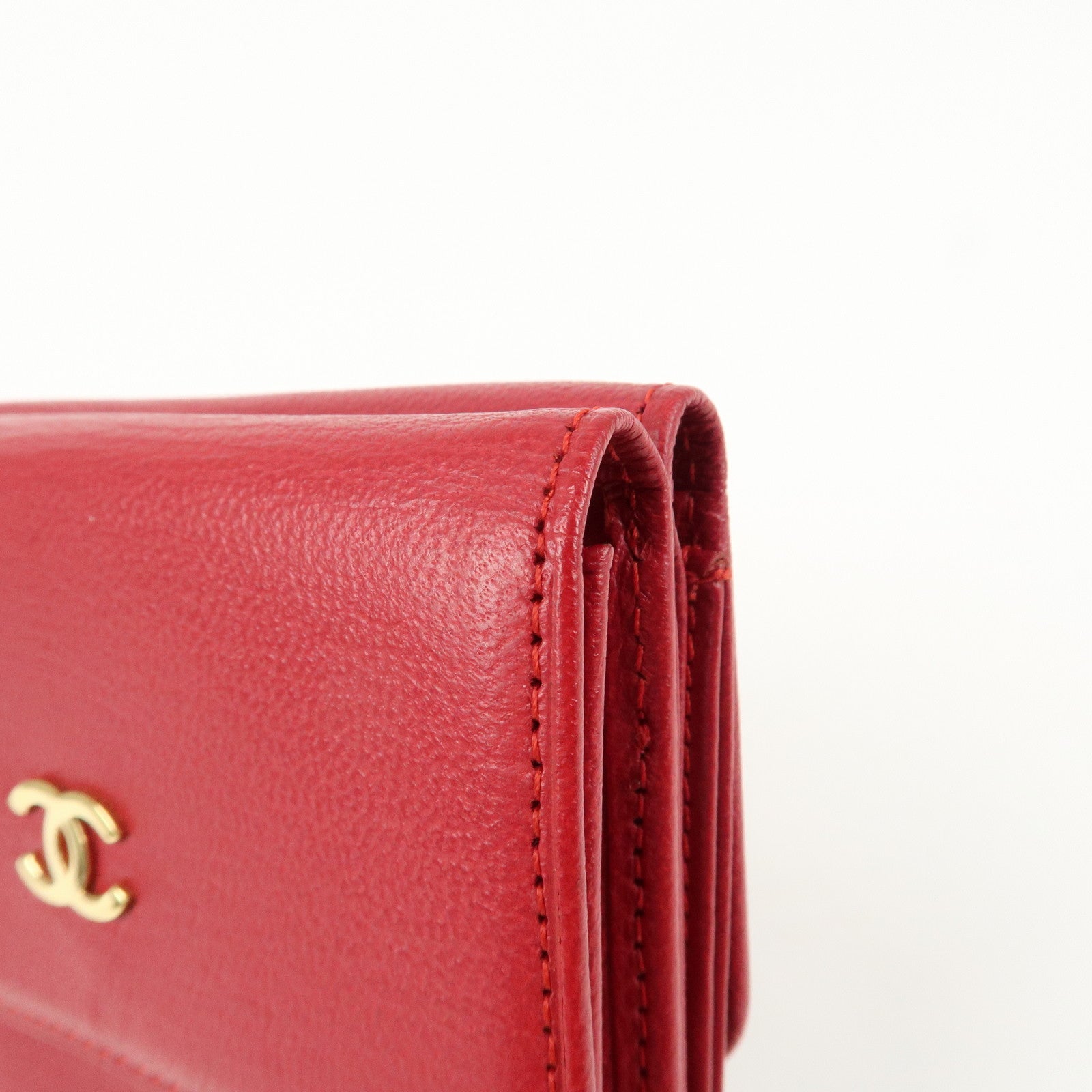 CHANEL COCO Mark Leather Tri-Fold Compact Wallet Red A13456 Used