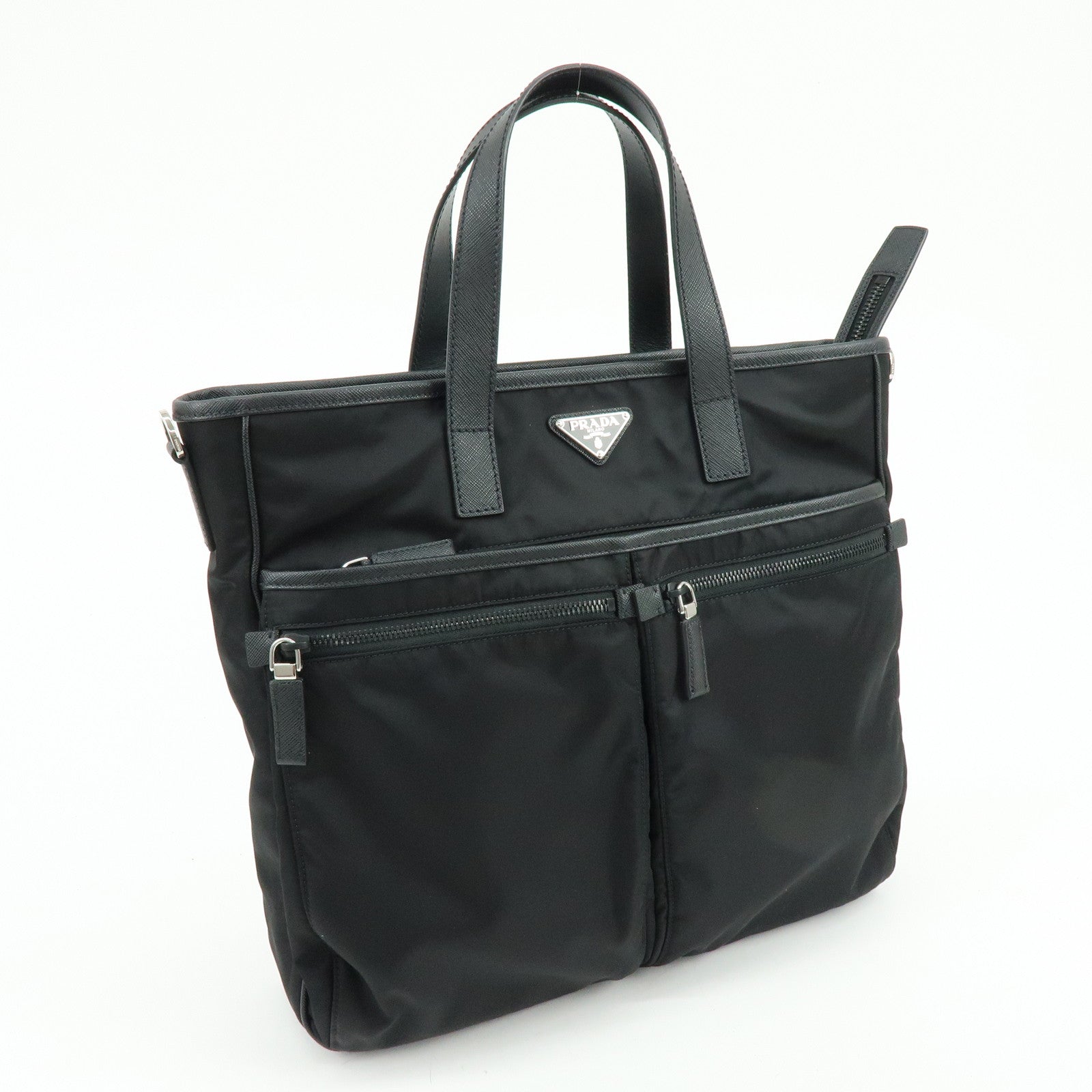 PRADA Triangle Logo Re-Nylon Saffiano Leather Tote Bag Black 2VG860
