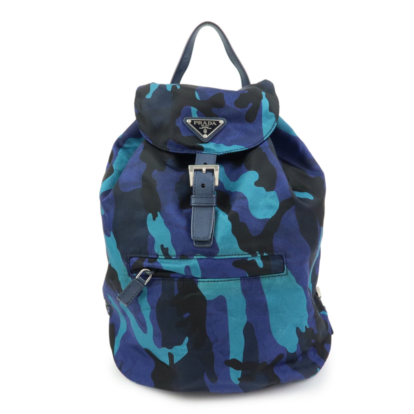 PRADA Triangle Logo Nylon Leather Backpack Camouflage Motif Blue