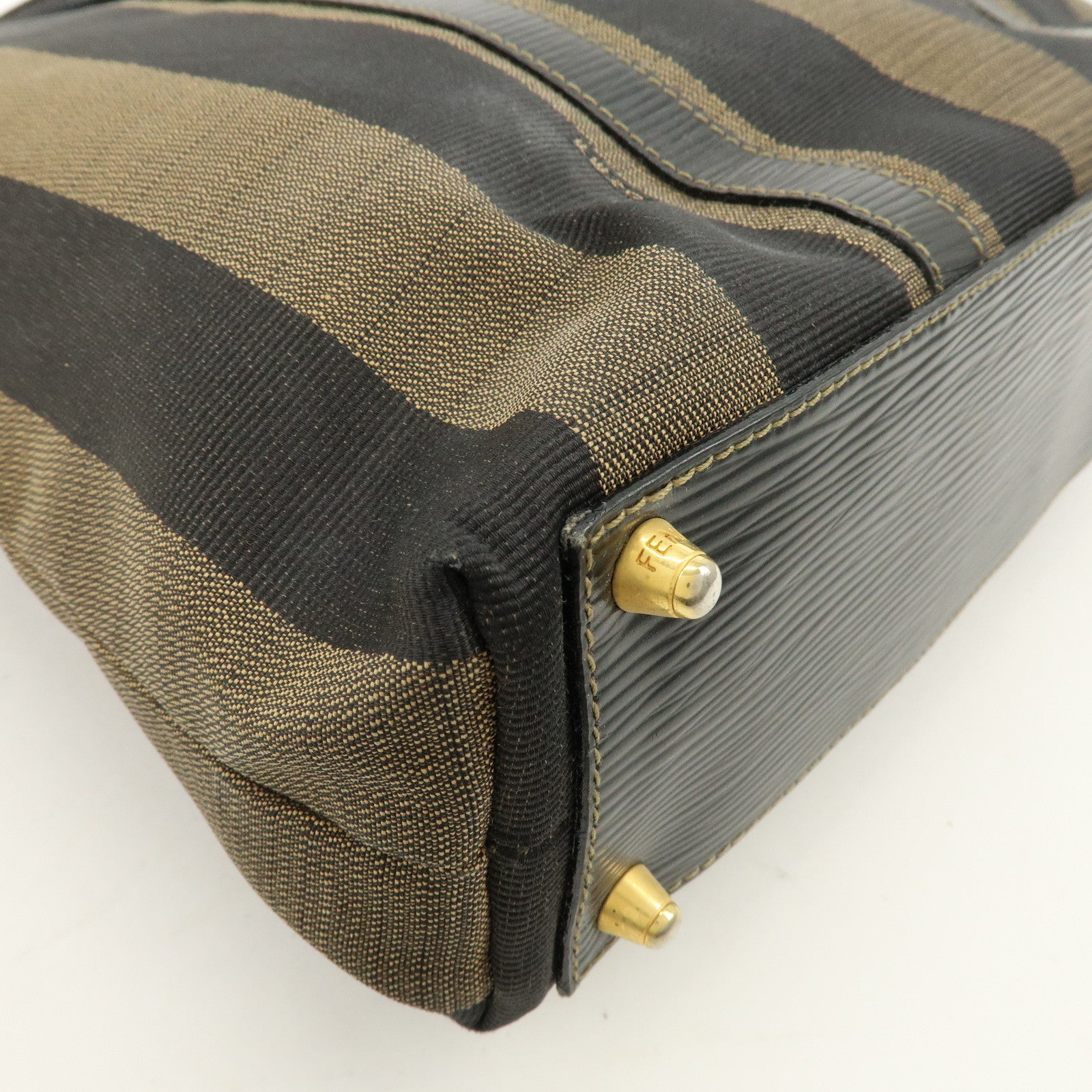 FENDI Pequin Canvas Leather Hand Bag Tote Bag Brown Black