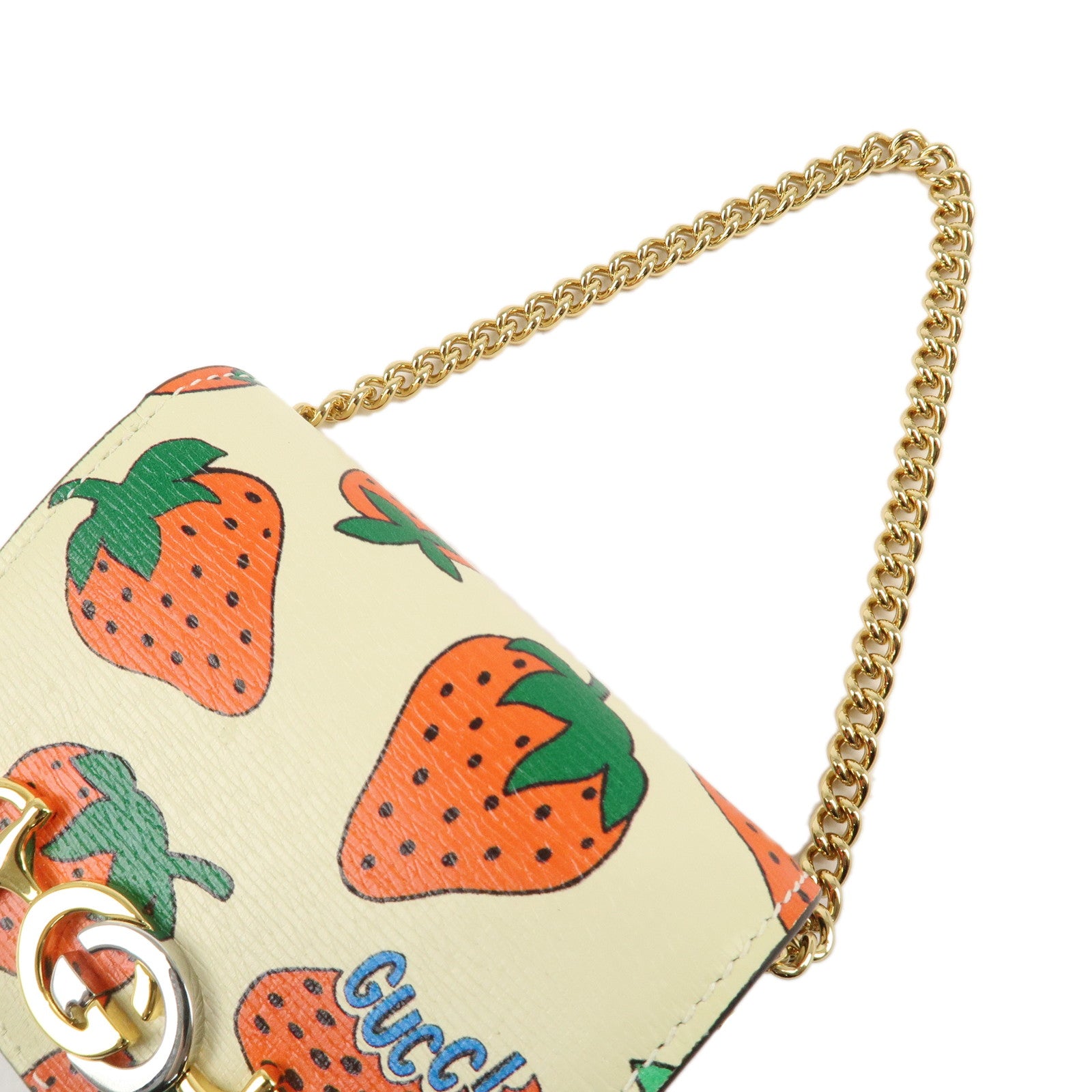 GUCCI Zumi Leather Strawberry Mini Chain Wallet Creme Green Red 570669 Used