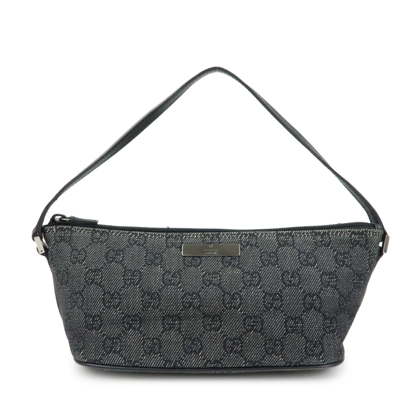 GUCCI Boat Bag GG Denim Leather Hand Bag Navy Black 07198
