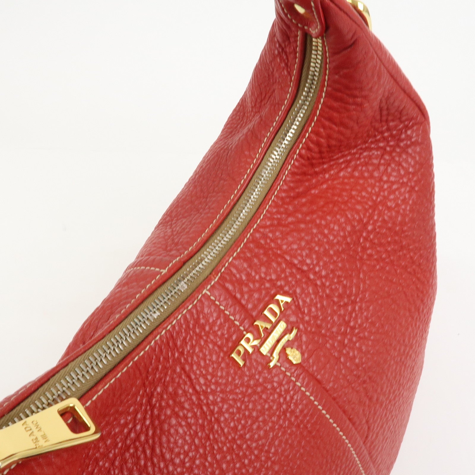 PRADA Logo Leather Shoulder Bag Hand Bag Red BR4373