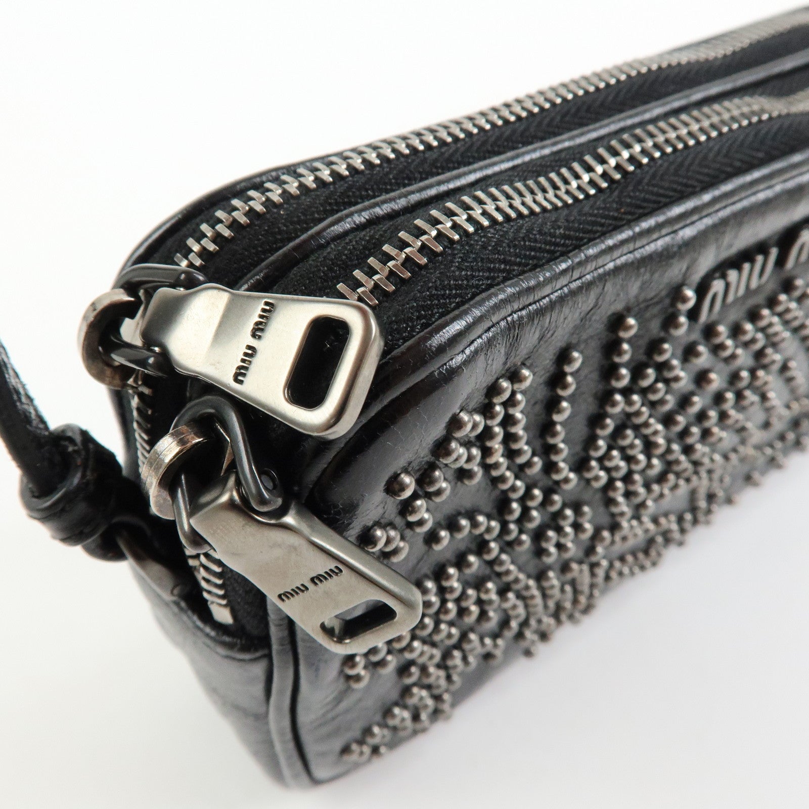 MIU MIU Logo Leather Mini Hand Bag Pouch Studs Black