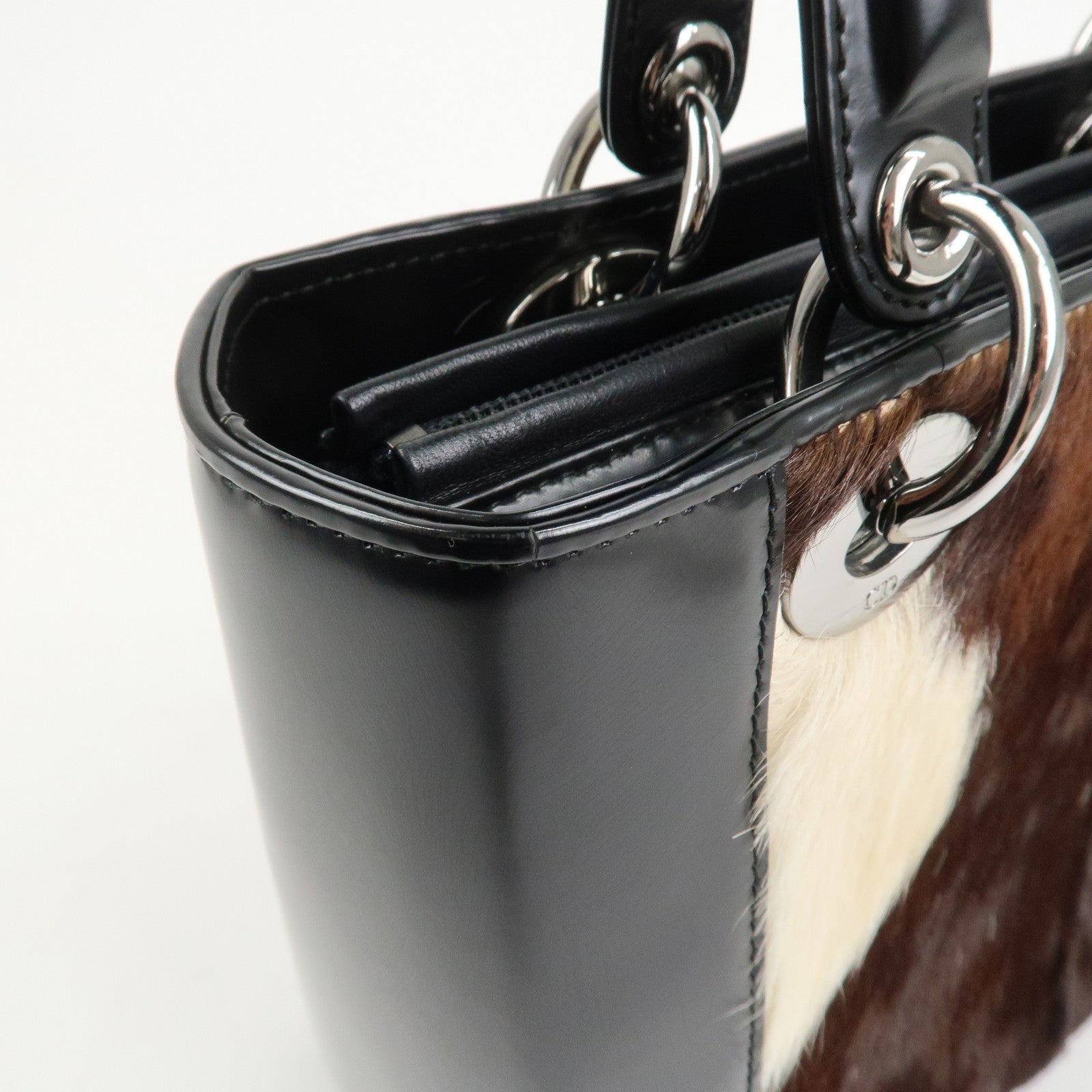 Christian Dior Lady Dior Unborn Calf Patent Leather Hand Bag Black