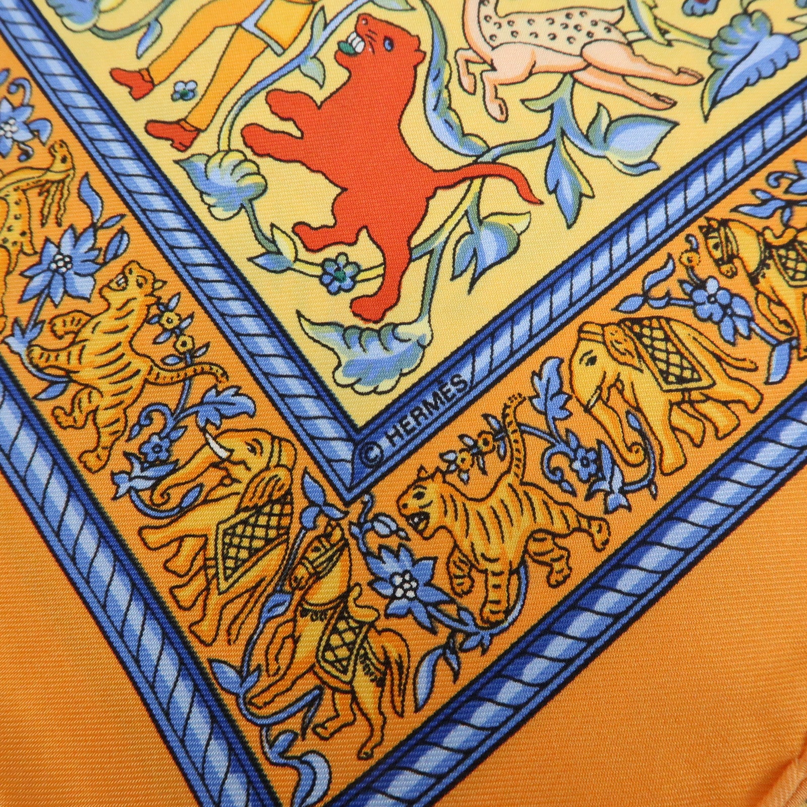 HERMES Carre 90 Silk 100% Scarf CHASSE EN INDE Orange Multicolor
