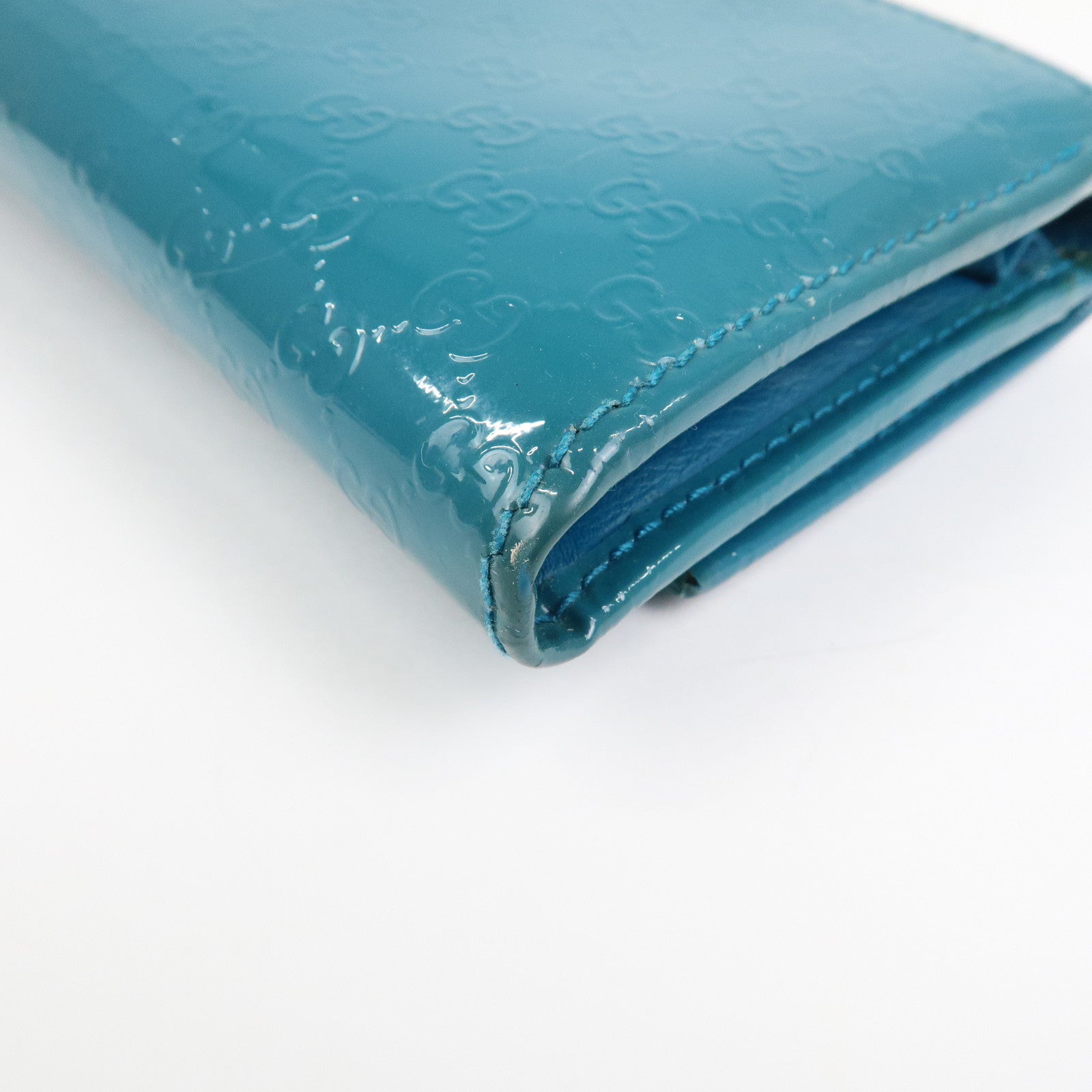 GUCCI Patent Leather Flap Long Wallet Blue Green 309760
