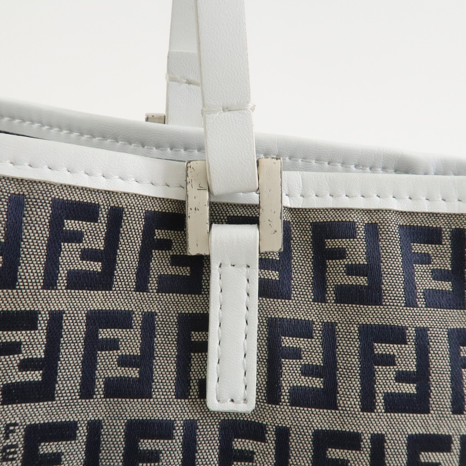 FENDI Zucchino Canvas Leather Tote Bag Hand Bag Navy 8BH006
