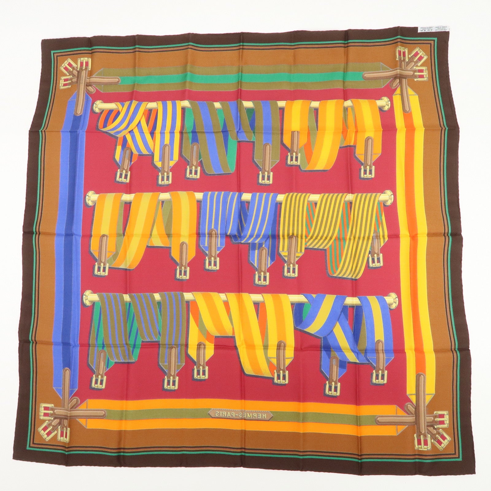 HERMES Carre 90 Silk 100% Scarf J.METZ Les Sangles Wine Red Yellow