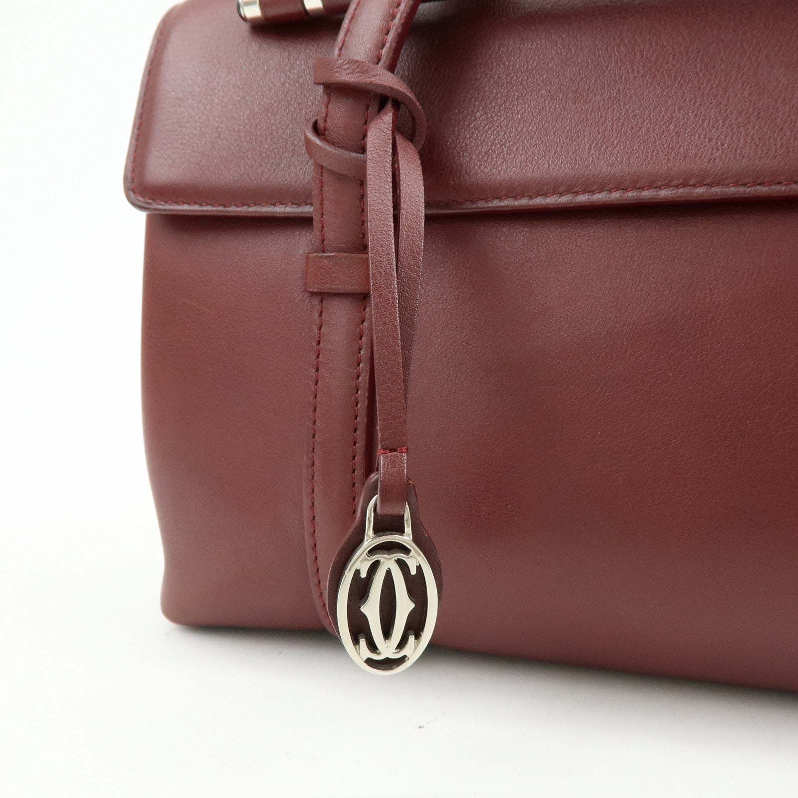 Cartier Cabochon Leather Hand Bag Tote Bag Wine Red
