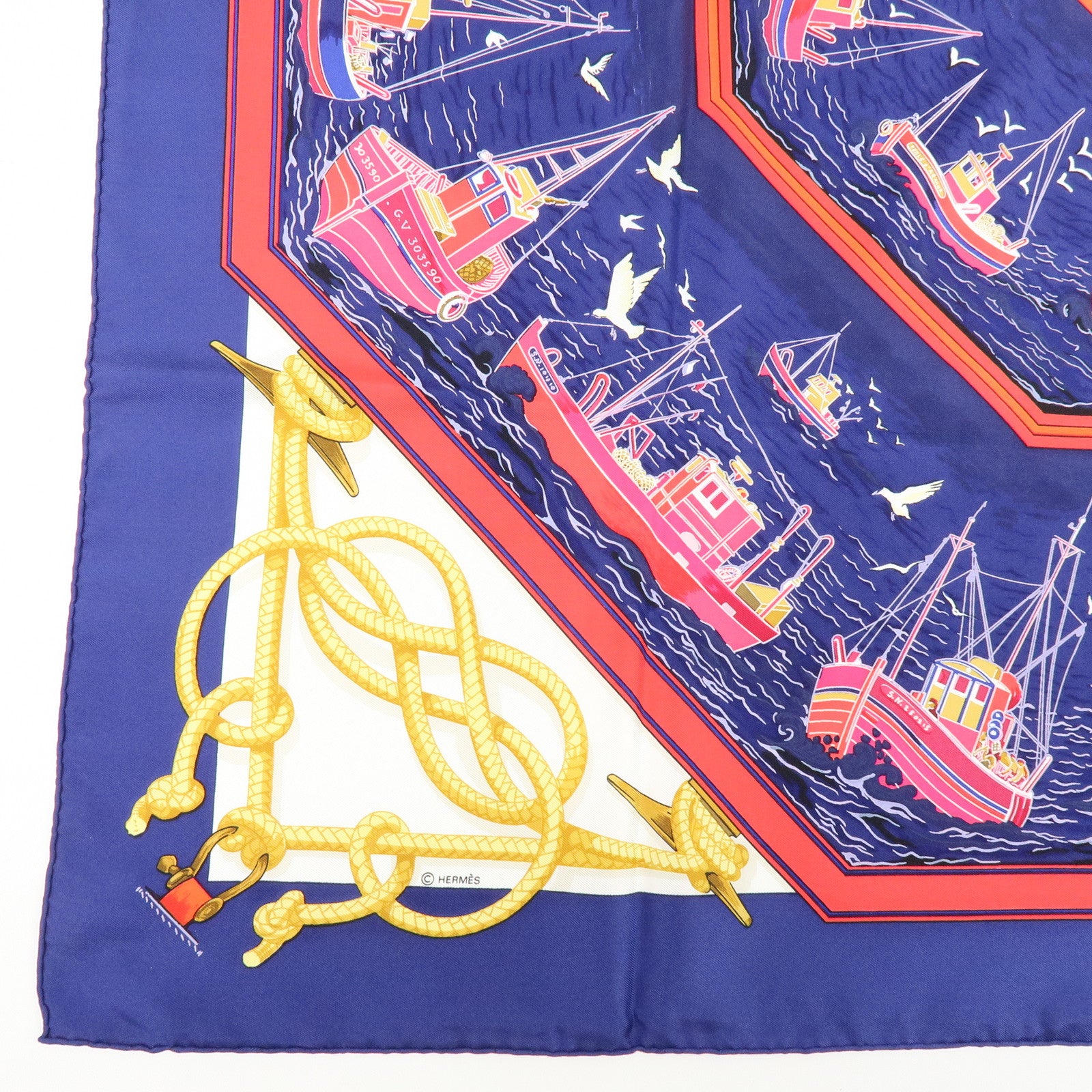 HERMES Carre 90 Silk100% Scarf RETOUR DE PECHE Blue Red Gold