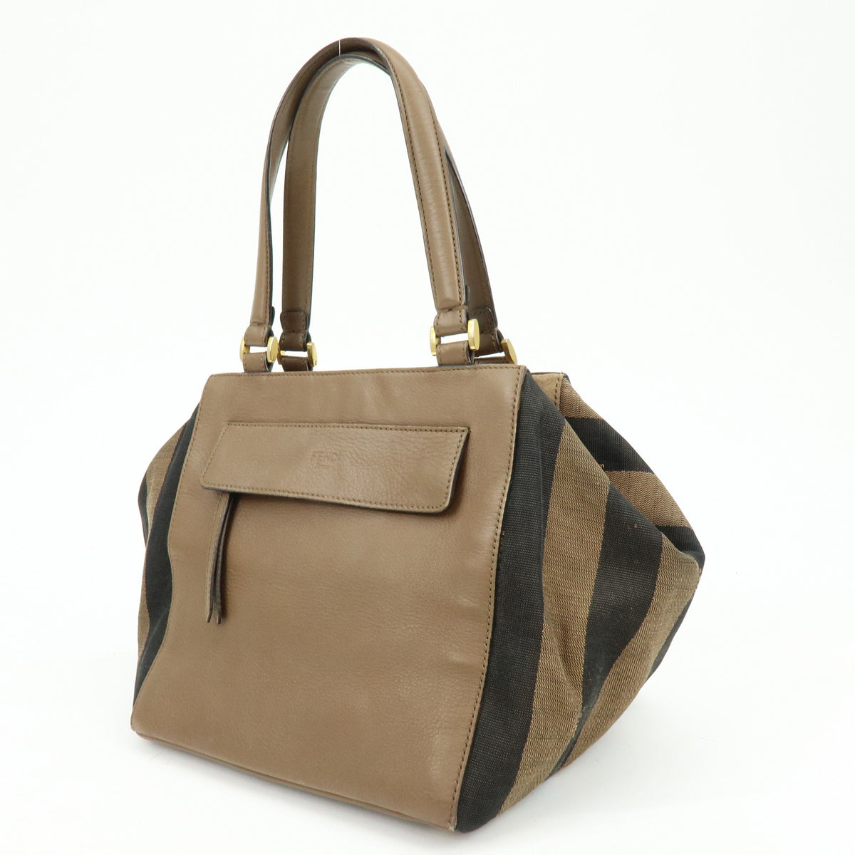 FENDI Pequin Leather Canvas Suede Tote Bag Hand Bag Brown 8BN251