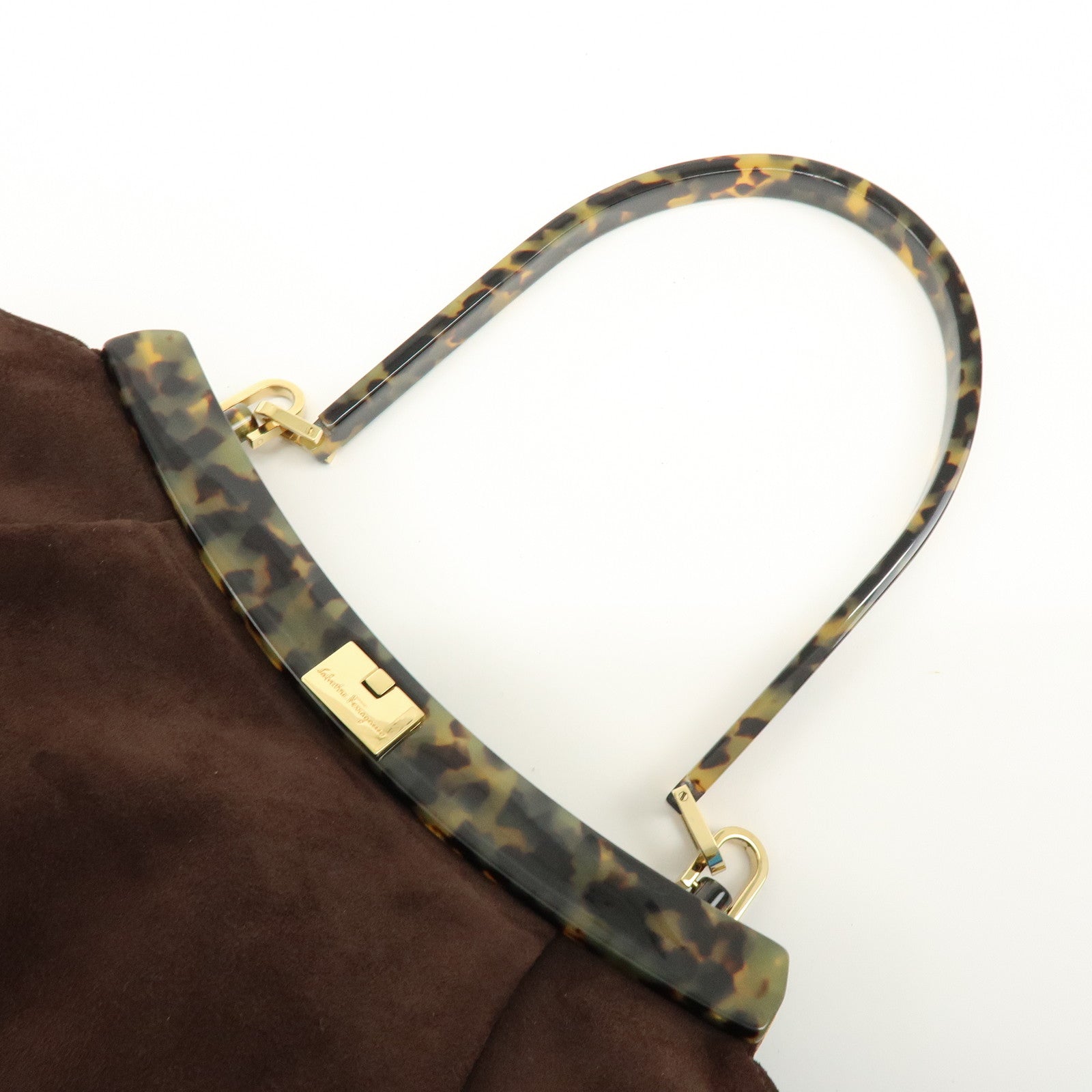 Ferragamo Suede Leather Plastic Shoulder Bag Hand Bag Brown