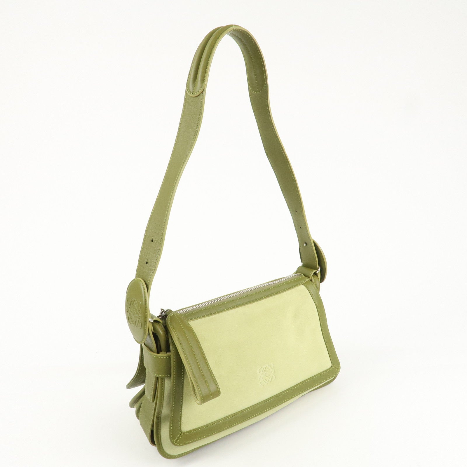 LOEWE Anagram Leather Suede Shoulder Bag Green Silver HDW Used