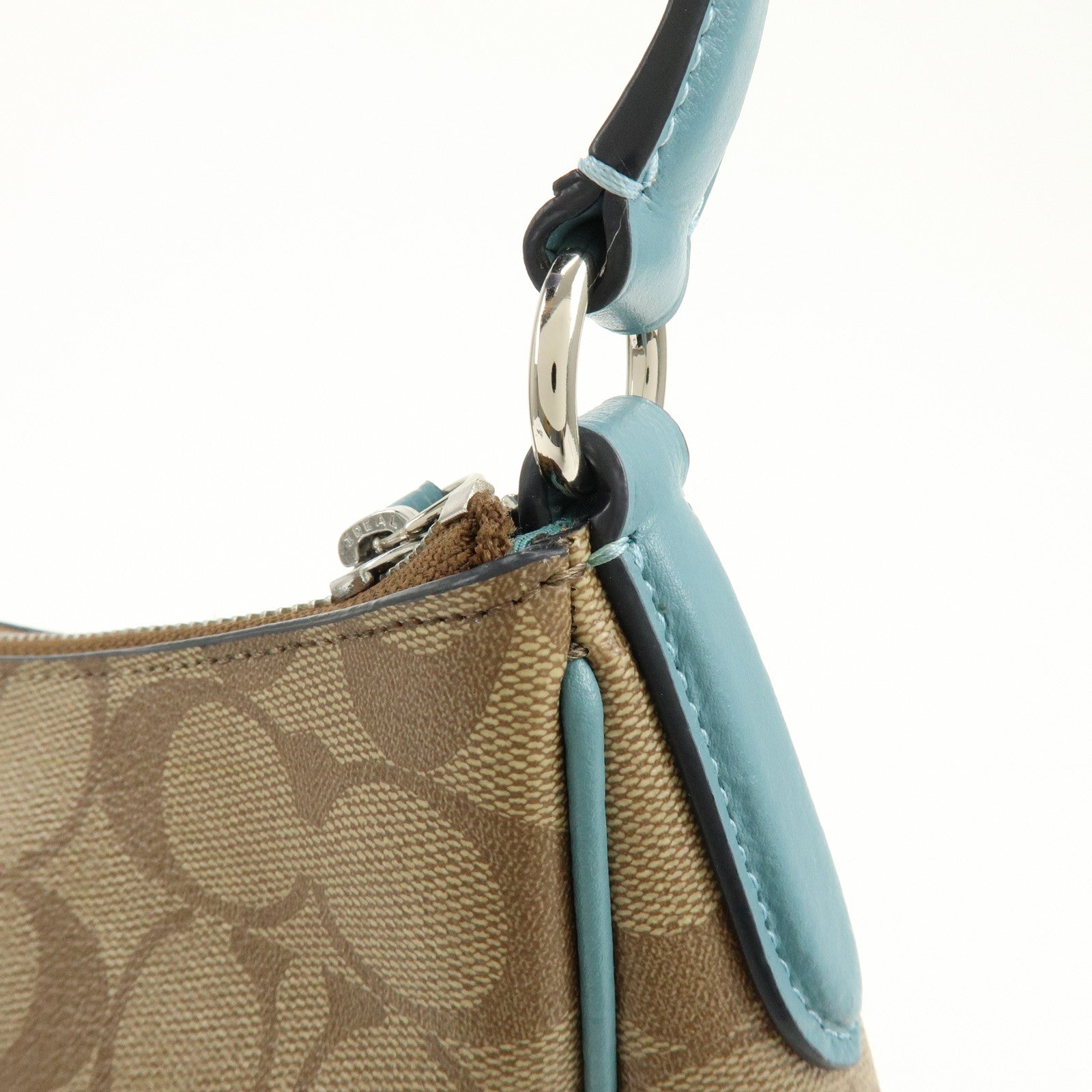 COACH Signature PVC Coated Canvas Leather Shoulder Bag Beige Blue
