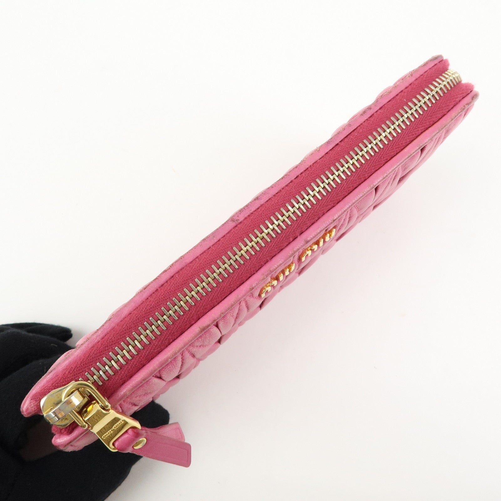 MIU MIU Logo Matelasse Nappa Leather Zippy Long Wallet Pink